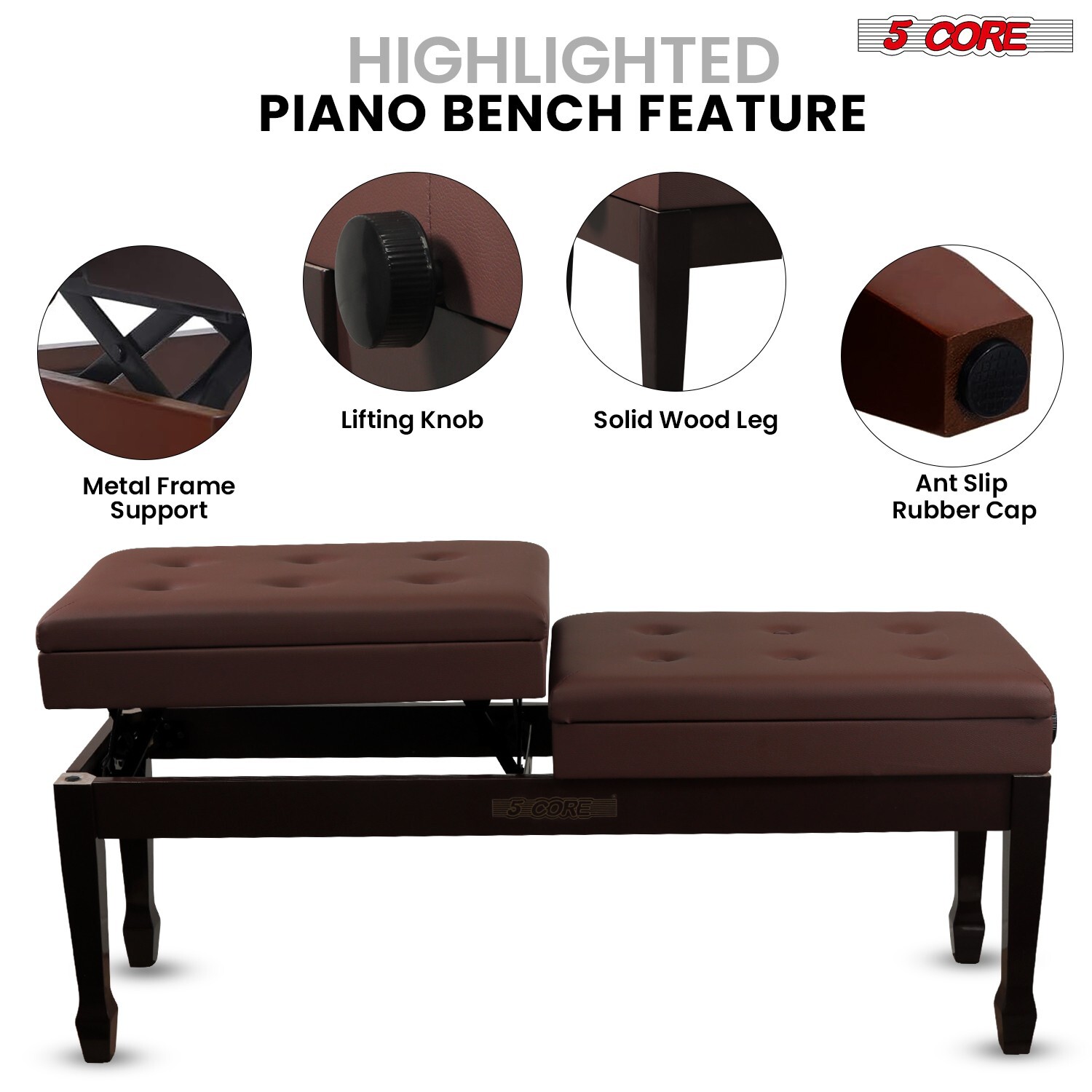 5Core Professional Double Duet Piano Bench Soft Padded Seat Wood Chair w/Storage