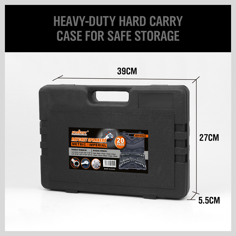 20pc Flat Ratcheting Wrench Combination Spanner Tool Set SAE & Metric With Case