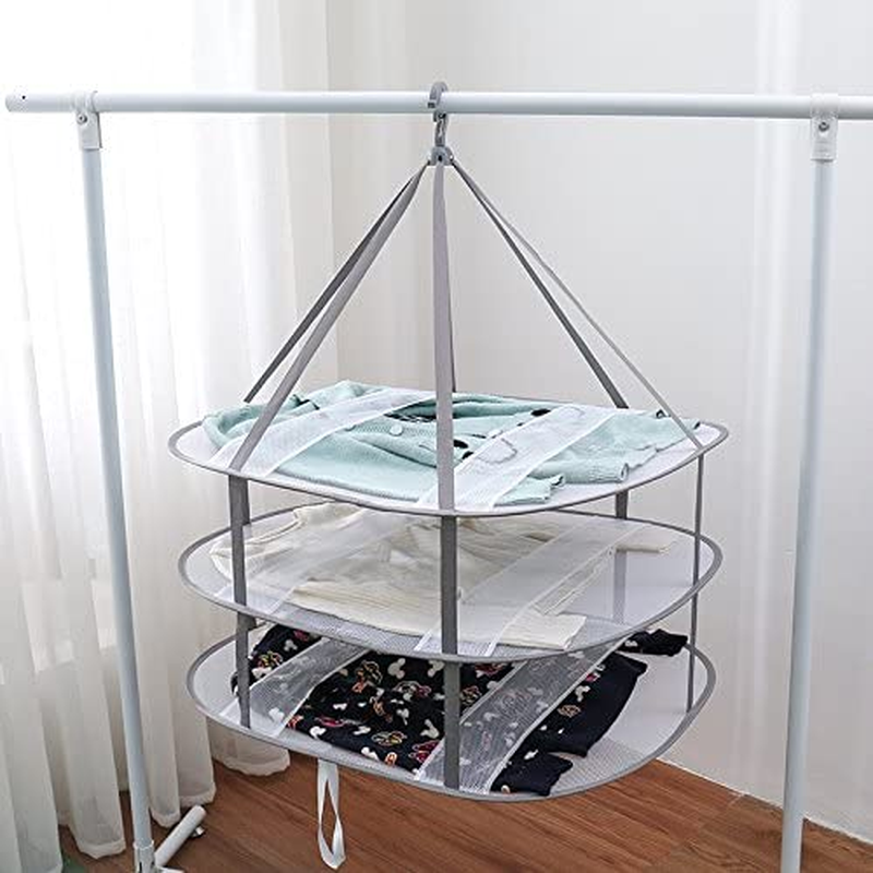 3-Tier Folded Mesh Clothes Hanging Dryer Sweater Drying Rack L Size 30 in