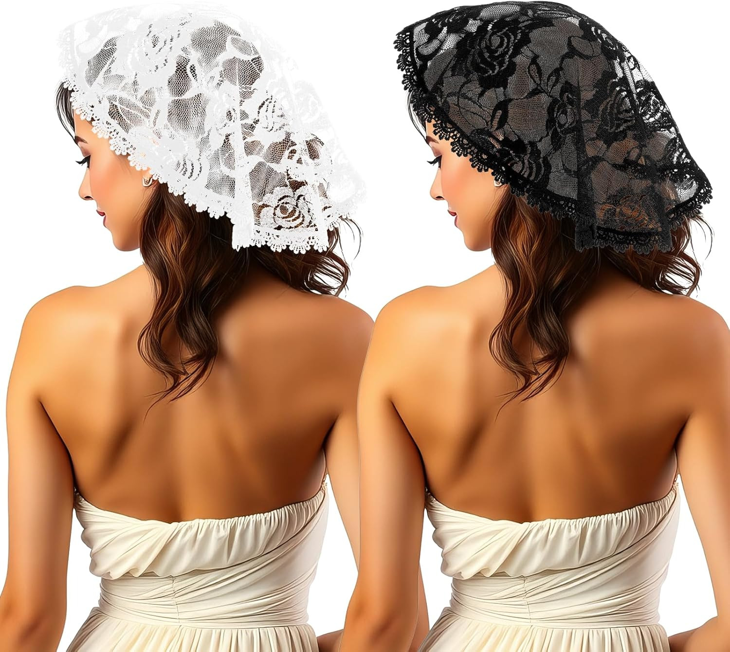2 Pcs Lace Chapel Veil Head Coverings – Black & White Floral Short Mantilla
