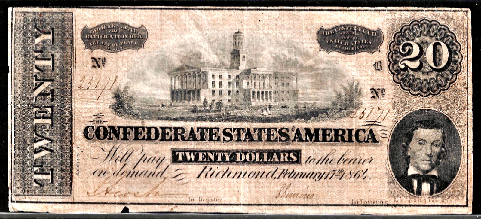 1864 CSA CONFEDERATE STATES AMERICA CURRENCY $20 Dollar Note S/N 25171 T-67