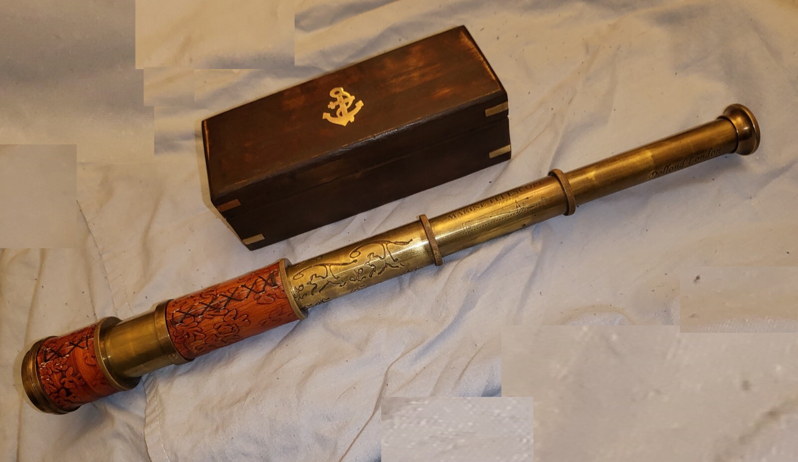 Vintage Telescope Antique Astronomy Space Stars Old Gold Lustre Wooden Box Retro