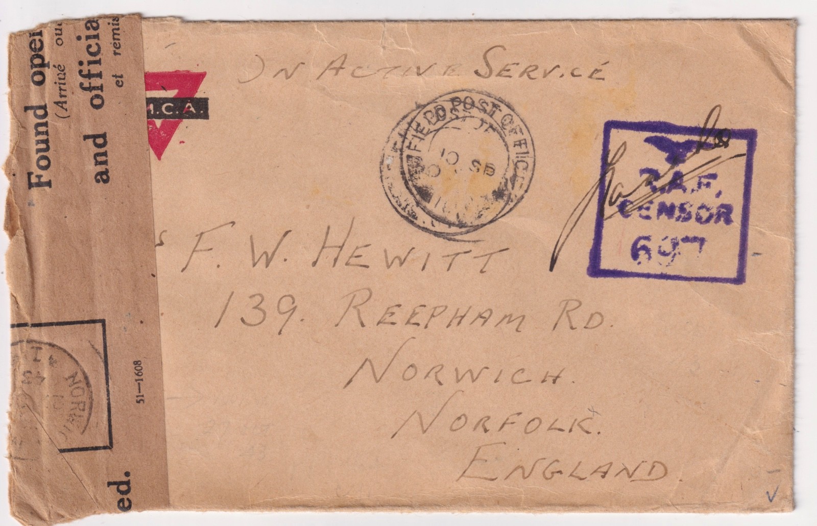 WW2 RAF CENSOR Field Post Office 164 CYPRUS YMCA Found Open Cover Base CENSOR