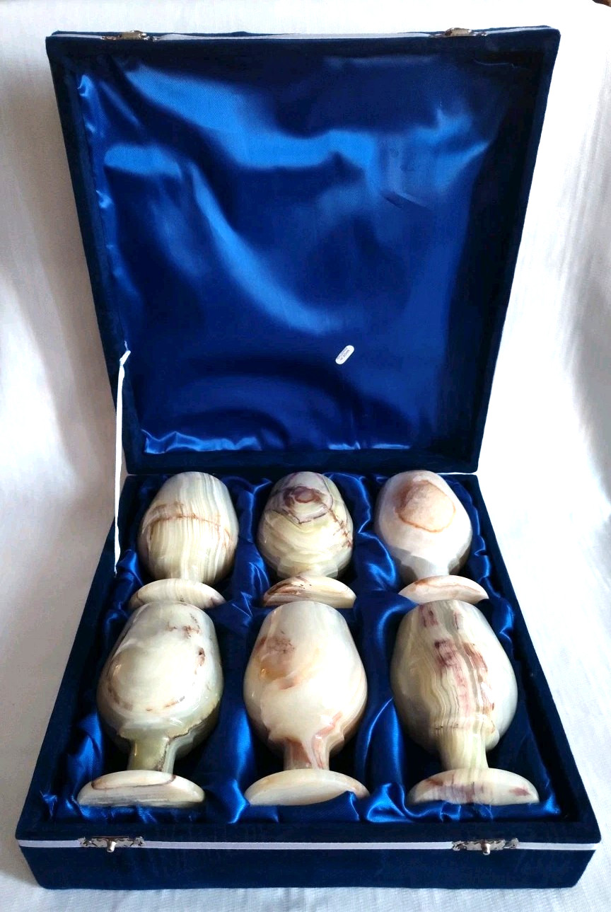 6 Polished Onyx Marble Stemmed Natural Stone 5" Wine Sherry Goblets Chalice Case