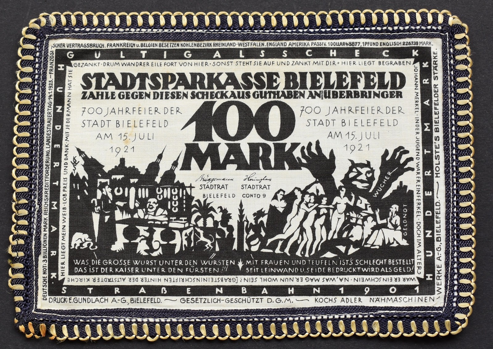 GERMANY NOTGELD Bielefeld 100 Mark 1921 War Emergency cloth textile Money Linen