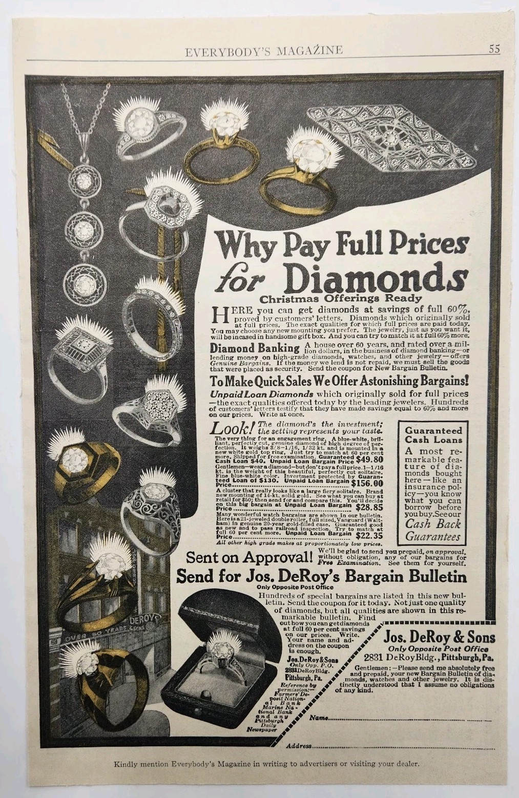 1917 Jos. DeRoy & Sons Jewelers Diamonds Original Print Ad Pittsburgh PA 1910's