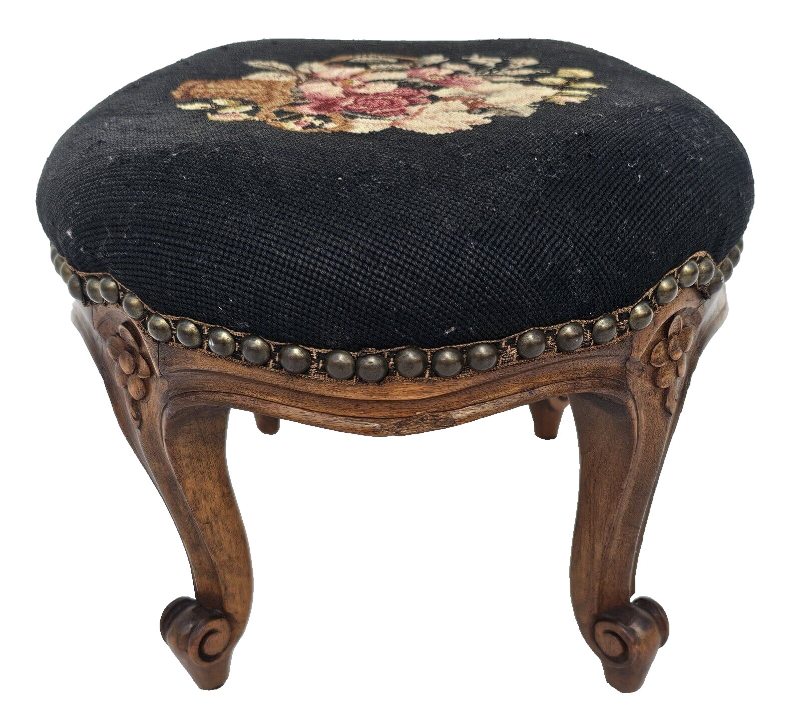 Antique 1930s French Louis XV Footstool – Carved Wood Cabriole Legs Needlepoint