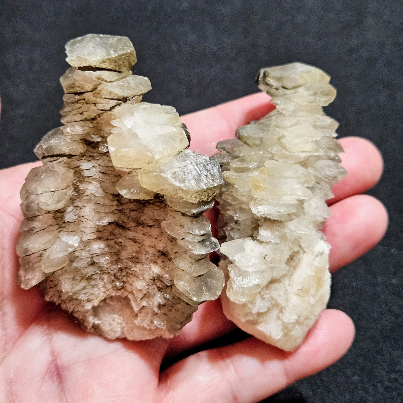 Lot Of 2 Pagoda Calcite Crystals, Step Stones With Hematite, UV Fluorescent