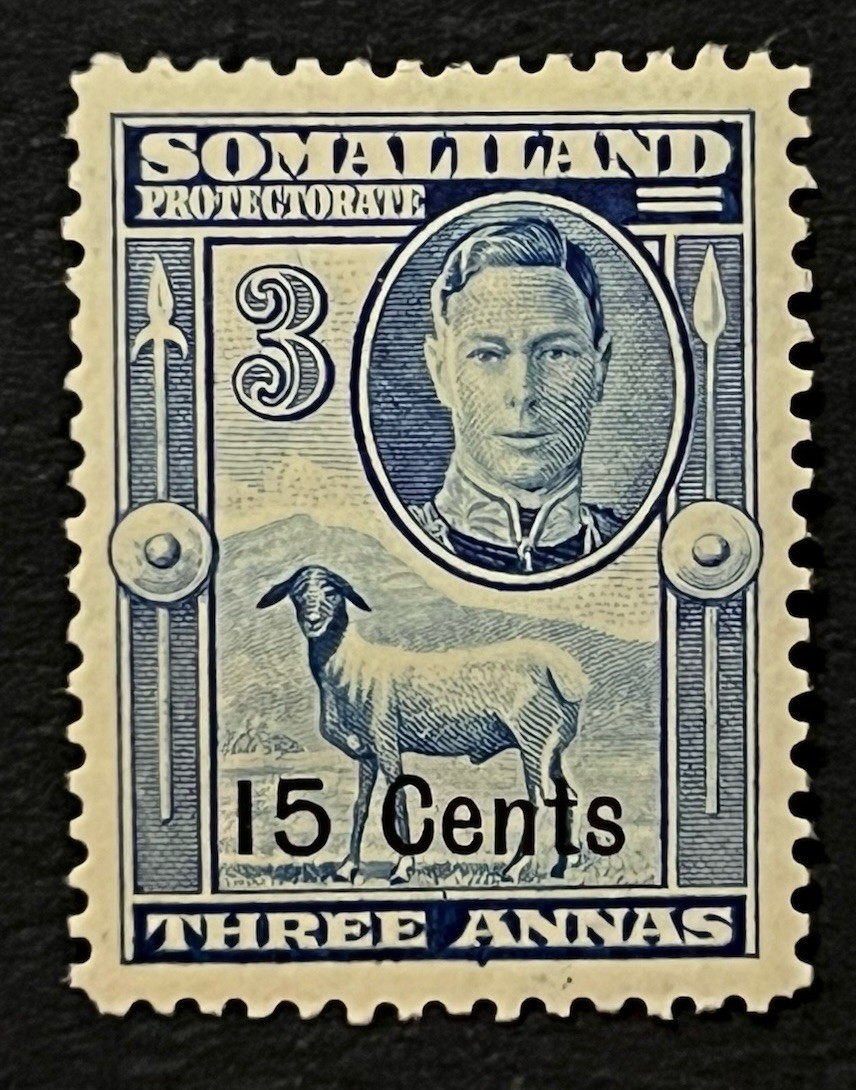 Travelstamps: 1942 Somaliland Stamps Sc #118 Sg 107 - 15c on 3 Annas KGVI MOGH