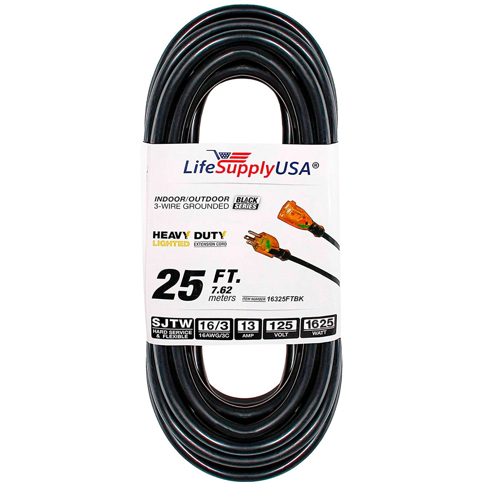 16/3 25ft Lighted End Indoor/Outdoor Black Heavy Duty Extension Cord (25 Feet)