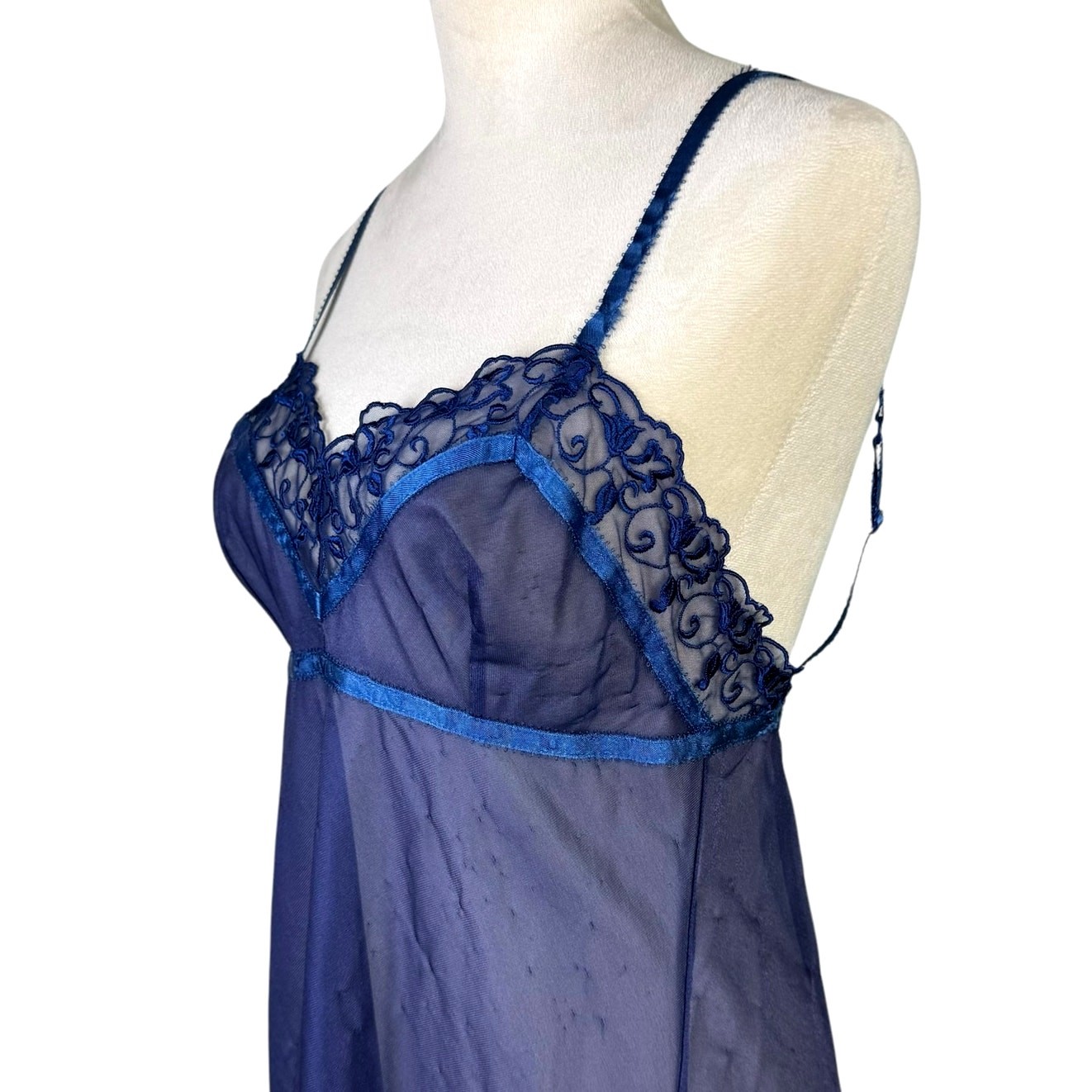 Victorias Secret M Blue Sheer Floral Embroidered Ribbon Trim Lacy Lingerie Top