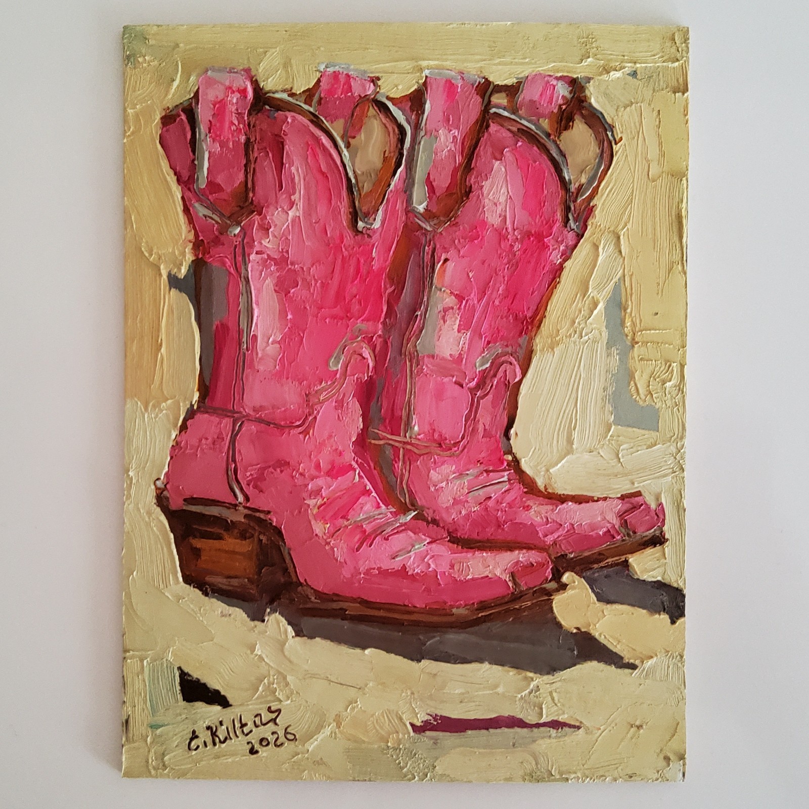 Pink Cowgirl Boots Cowboy Painting Original Oil Art Abstract Modern Wall Artwork