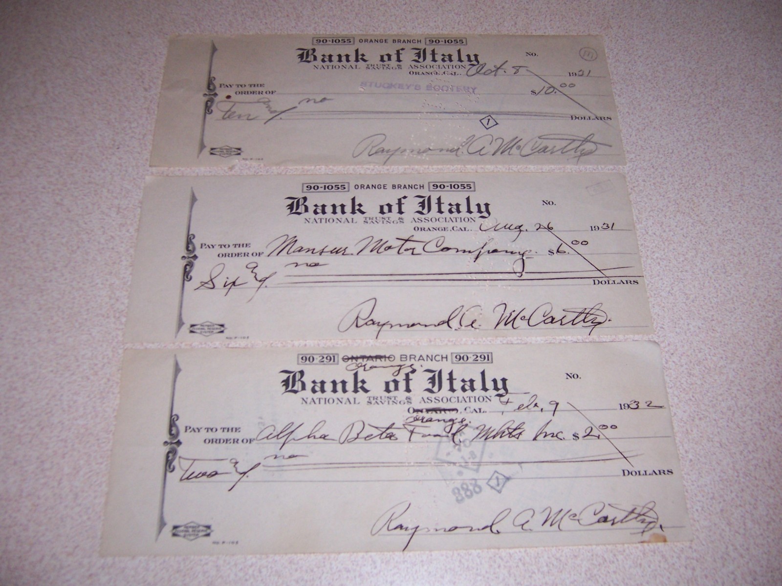 1931 Bank of Italy, Orange, CA. Cancelled Check Lot