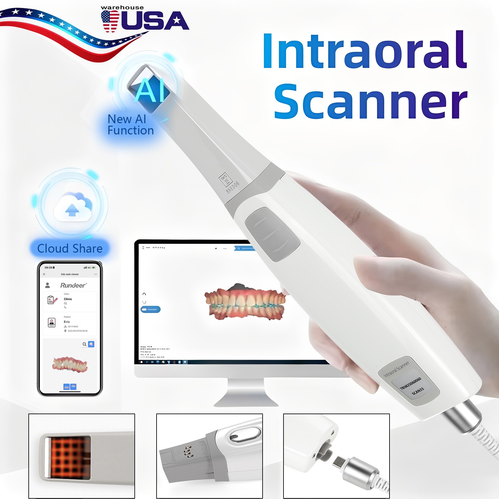 Dental Intra-oral Scanner 3D Real-time Display w/ AI Scanning Software+4 Tips US