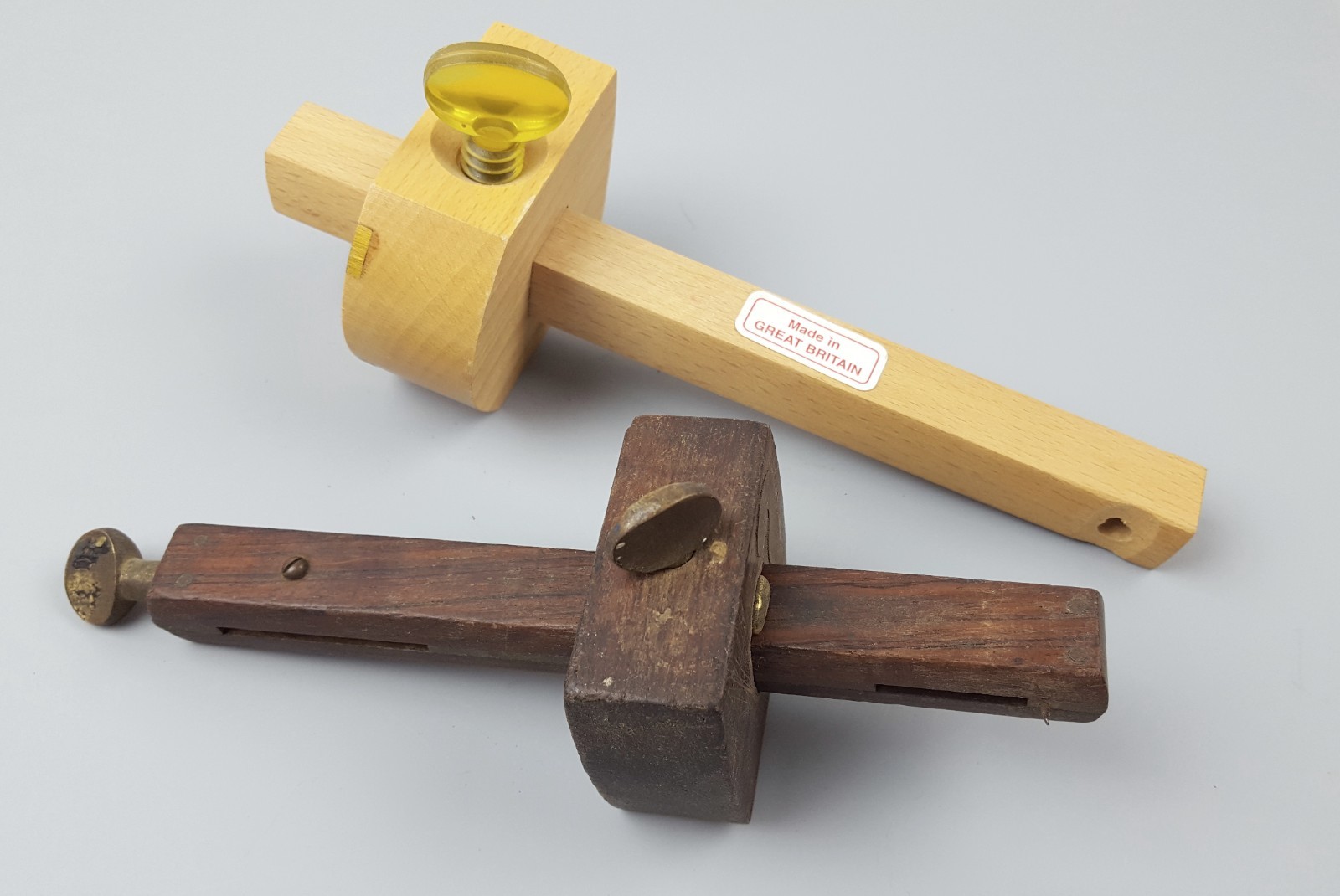 2 Vintage Wooden and Brass Marking Gauges Crown Tools etc