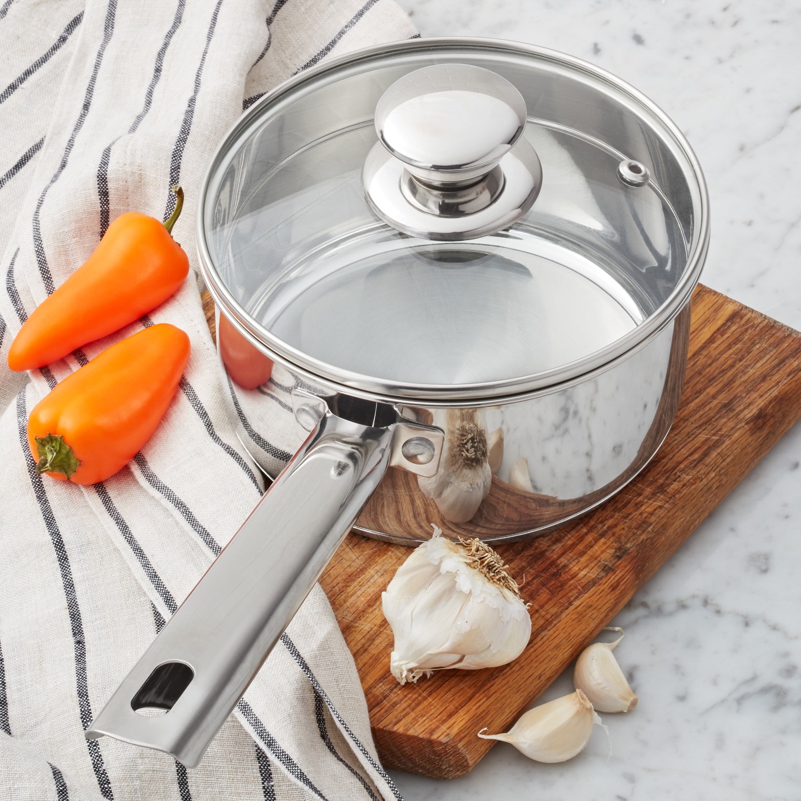 Mainstays 1 qt Oven Safe Stainless Steel Saucepan with Straining Lid