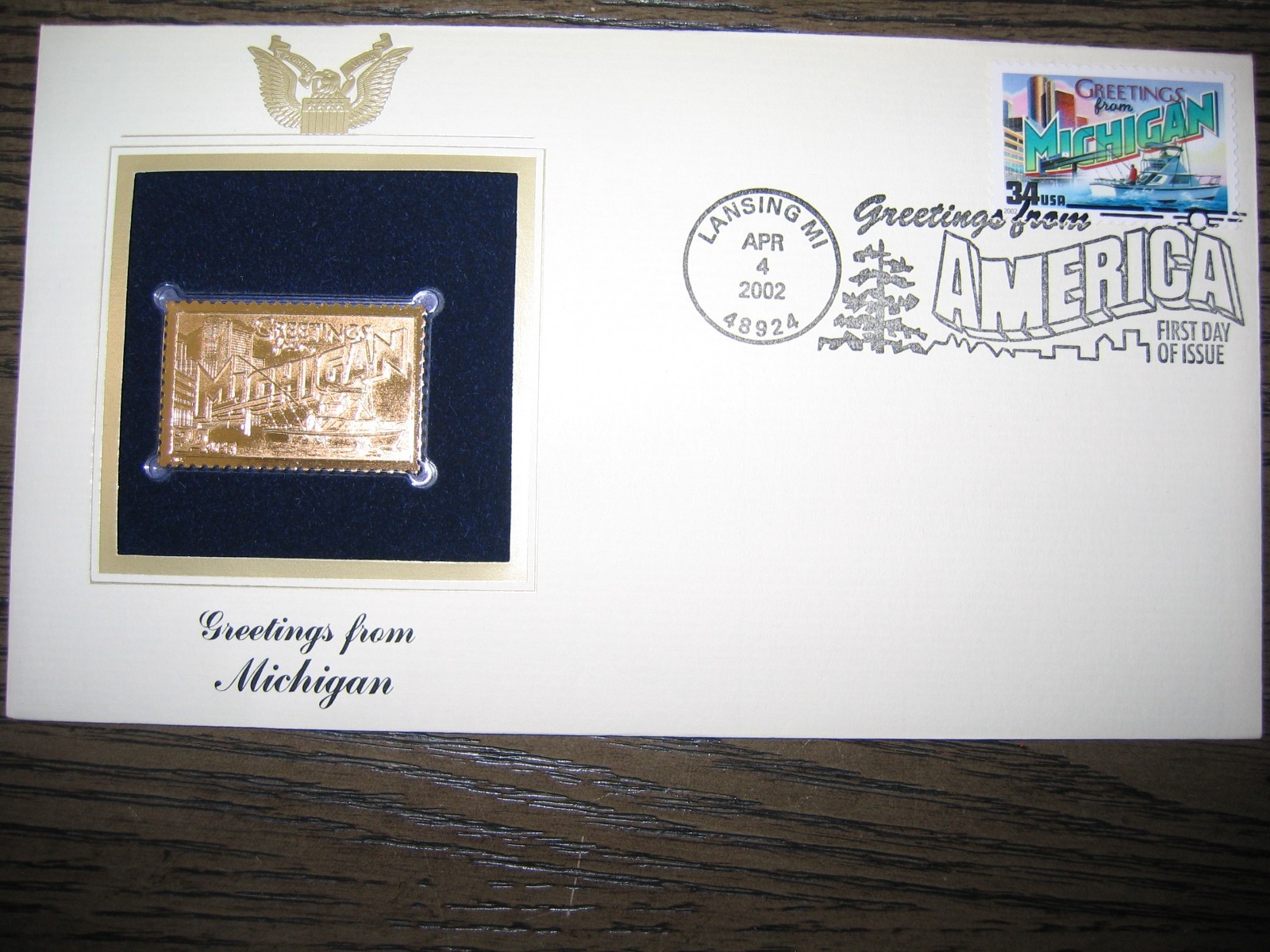 2002 MICHIGAN Greetings From America replica Gold Stamp Golden COVER