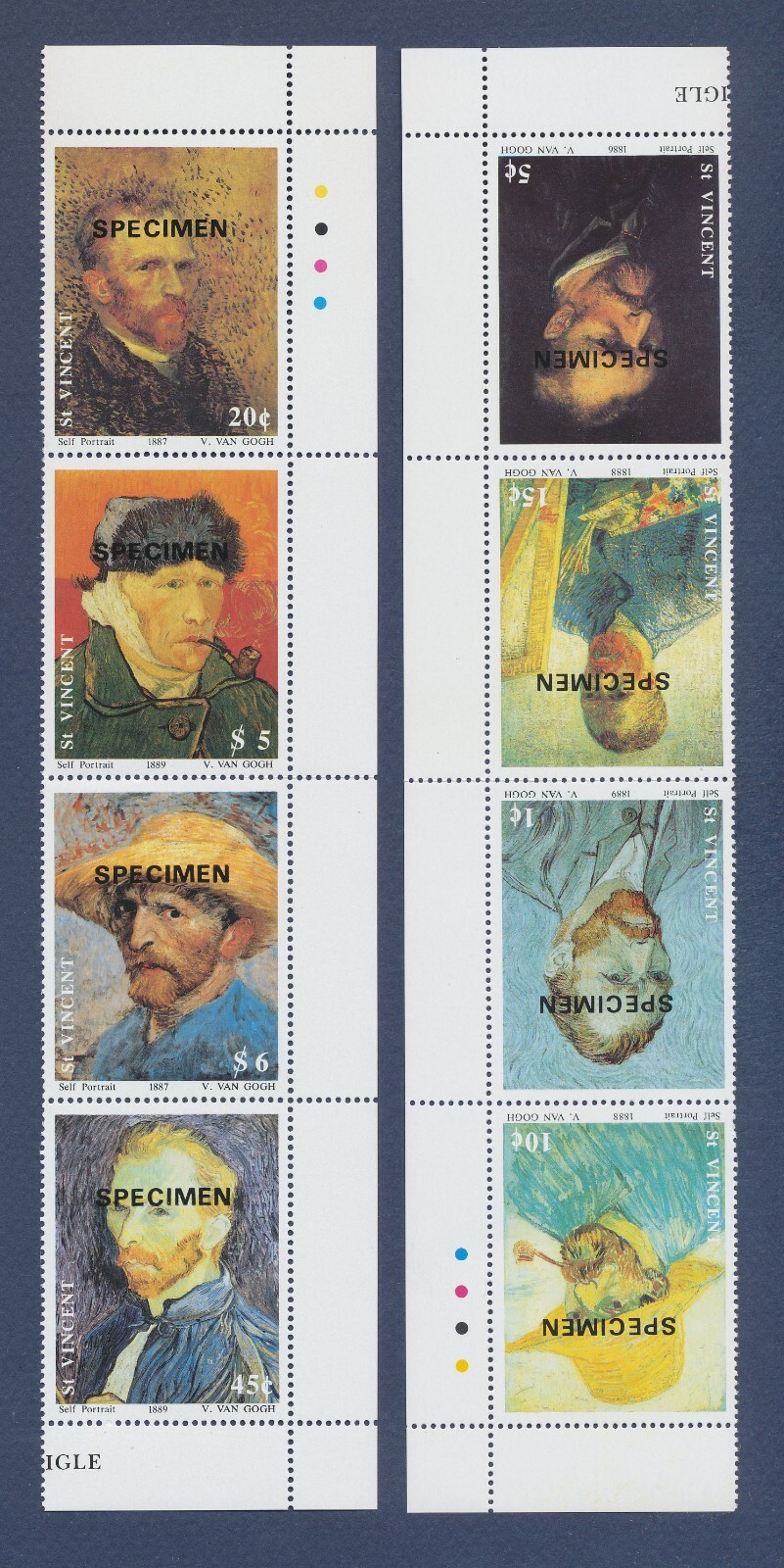 ST VINCENT - Scott 1601-8 - MNH strips of four - SPECIMEN - Van Gogh art 1990 -b