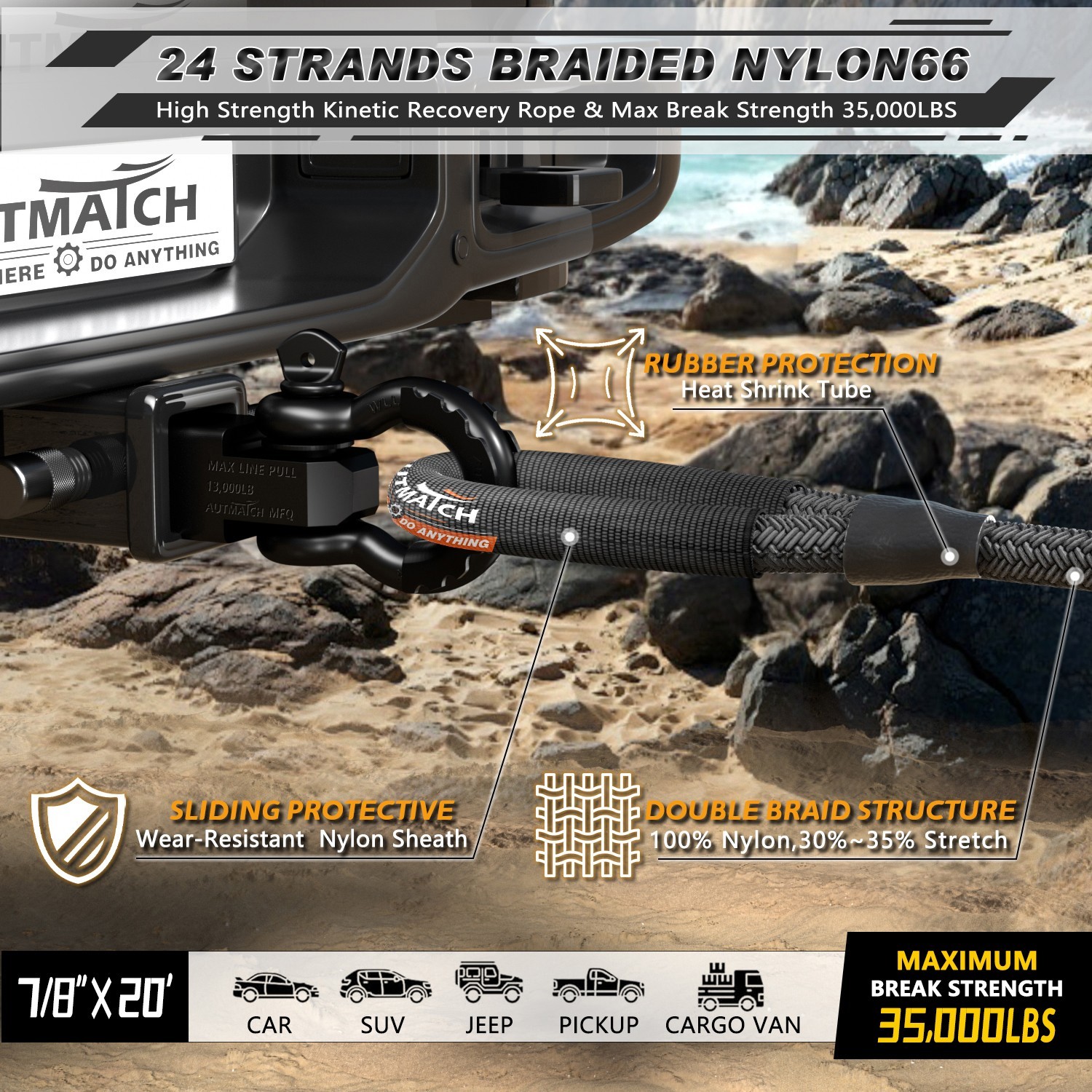 AUTMATCH 7/8" & 1" 20-30 ft Kinetic Recovery Tow Rope 35000lb-48000lb Heavy Duty