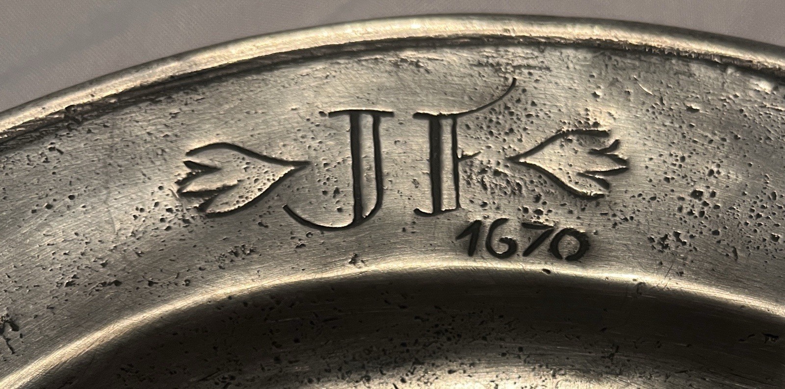 Large Pewter Plate Charger Dated 1670 - Marked/Stamped Handmade