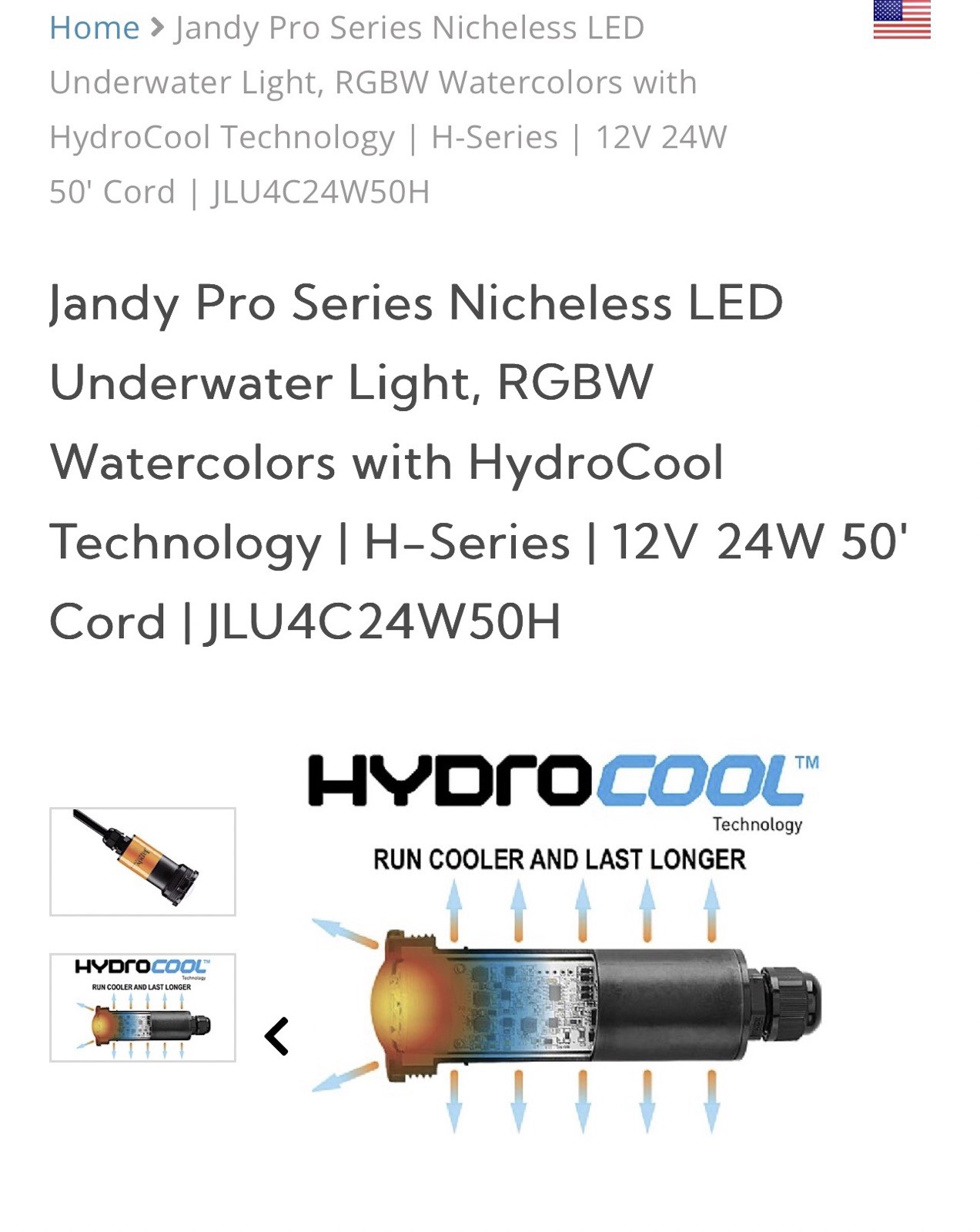 NEW Jandy Watercolors Nicheless LED Light JLU4C24W50H 24W H Series 50' Cord