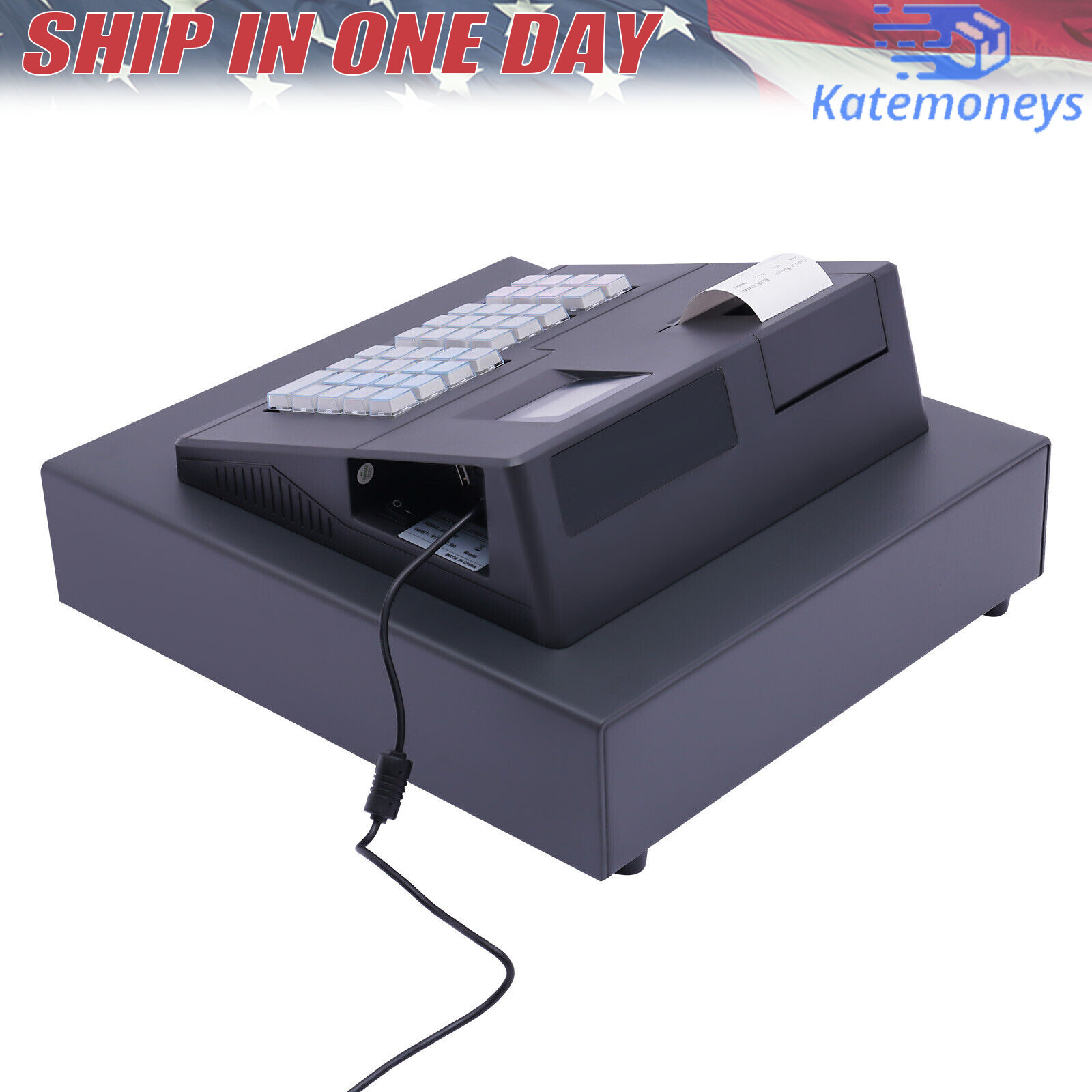 38 Keys Electronic Cash Register Black Thermal Cash Register with Cash Drawer