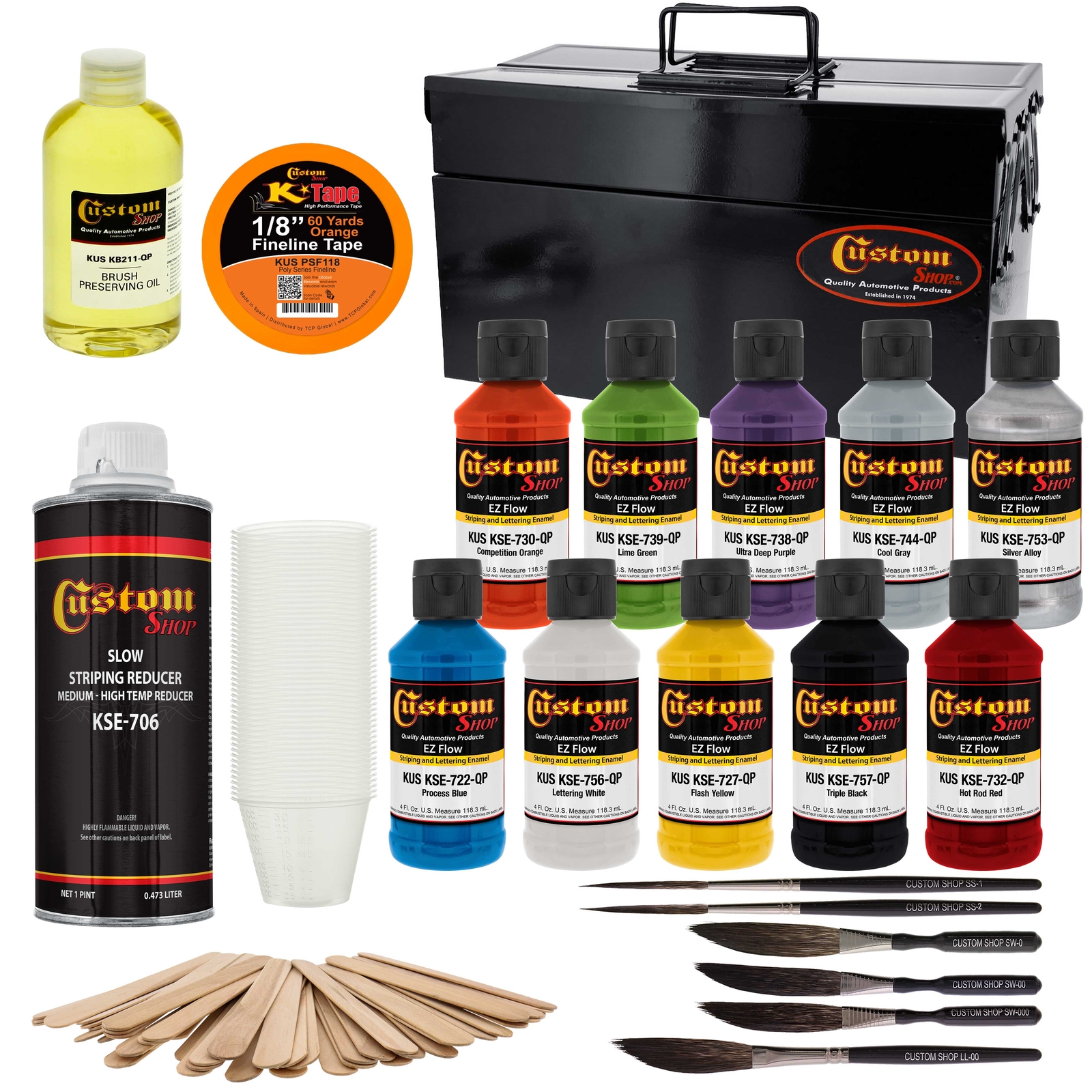 Pinstriping Color Box Kit 10 Colors, Reducer, Brushes & Mixing Equipment