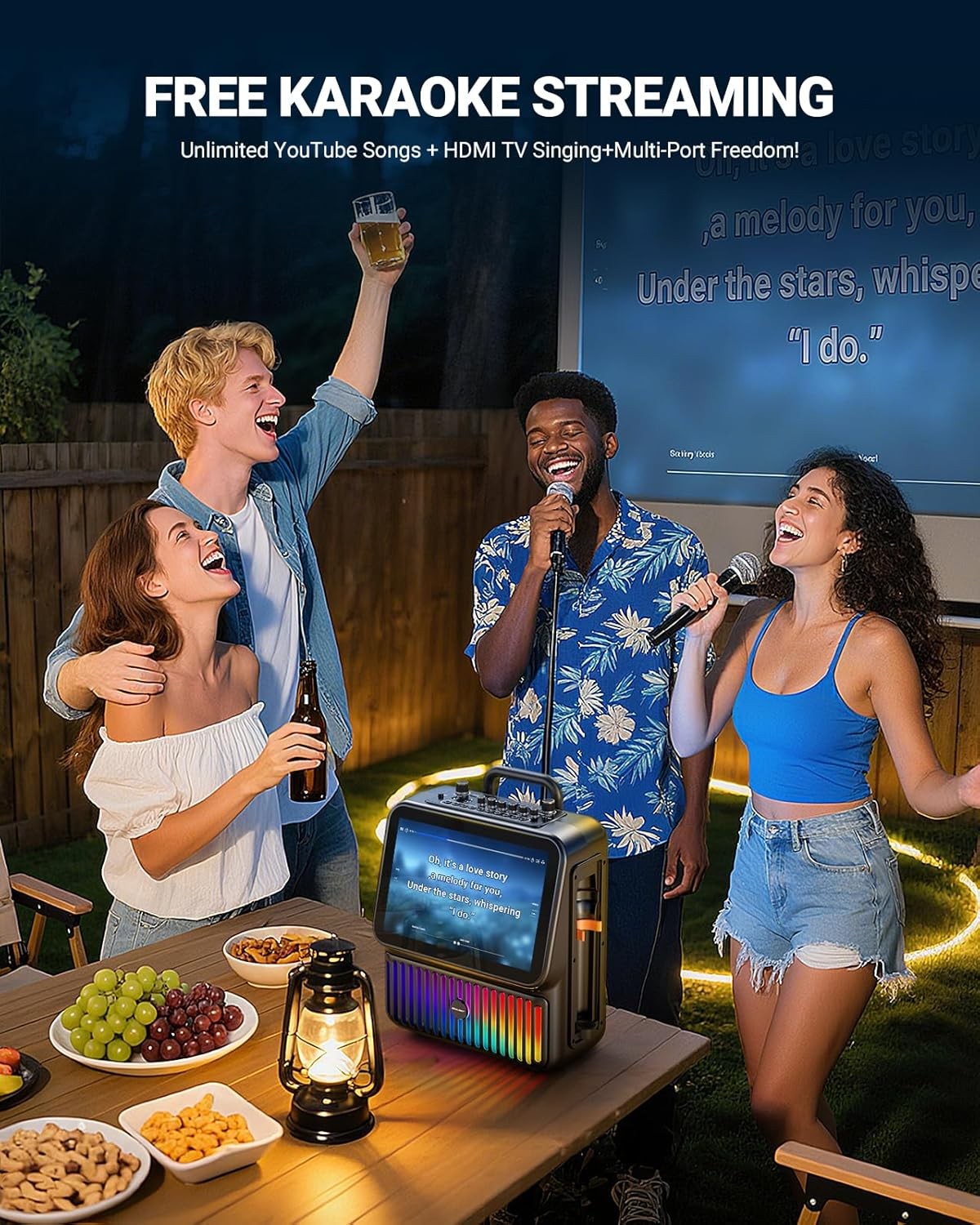 Smart Karaoke Machine w 13.3" Tablet, Bluetooth, 2 Wireless Mics, Party Lights