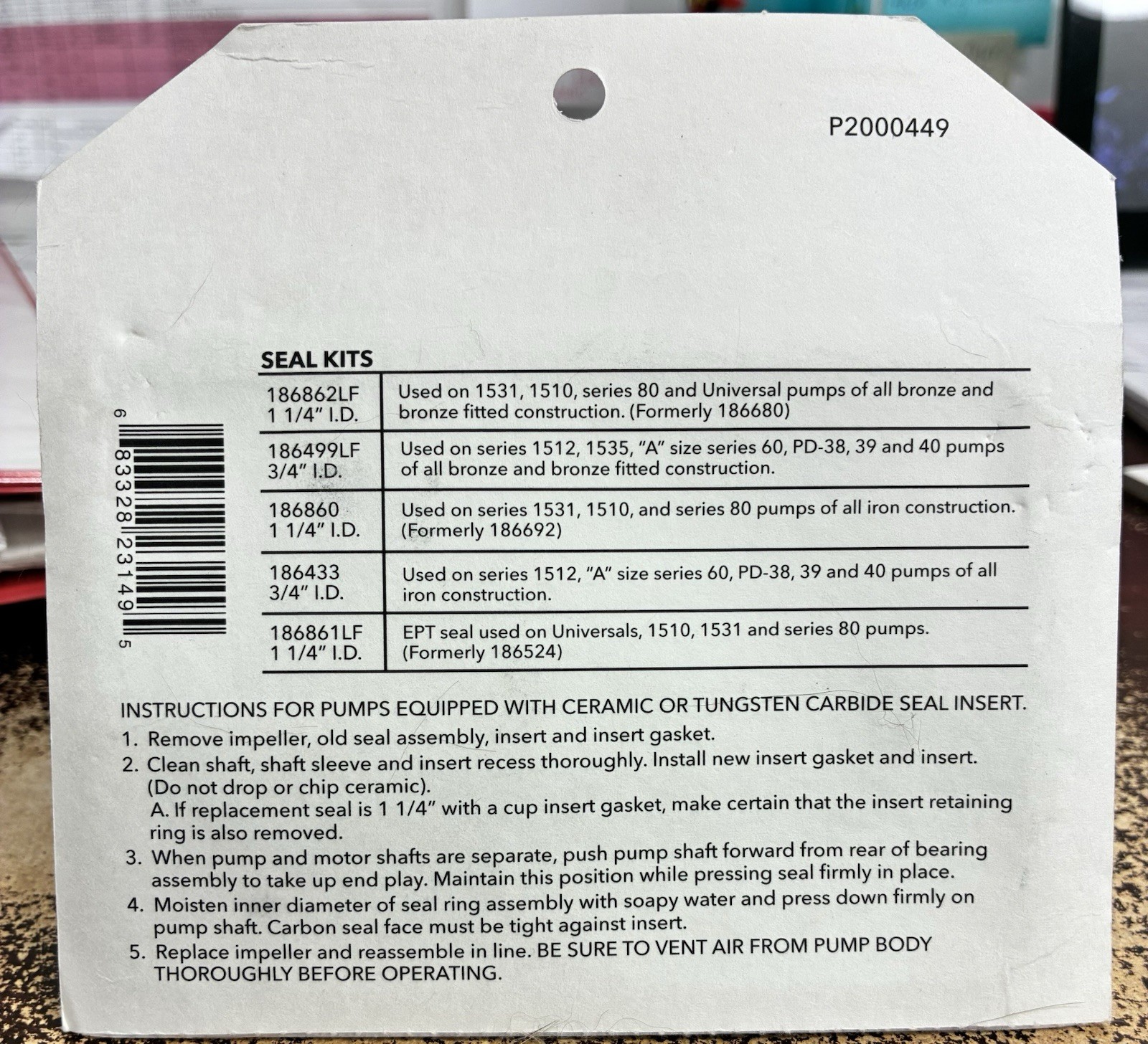 Bell & Gossett Replacement Seal Kit 186862LF – 1-1/4” & 3/4” Seals – New in Box