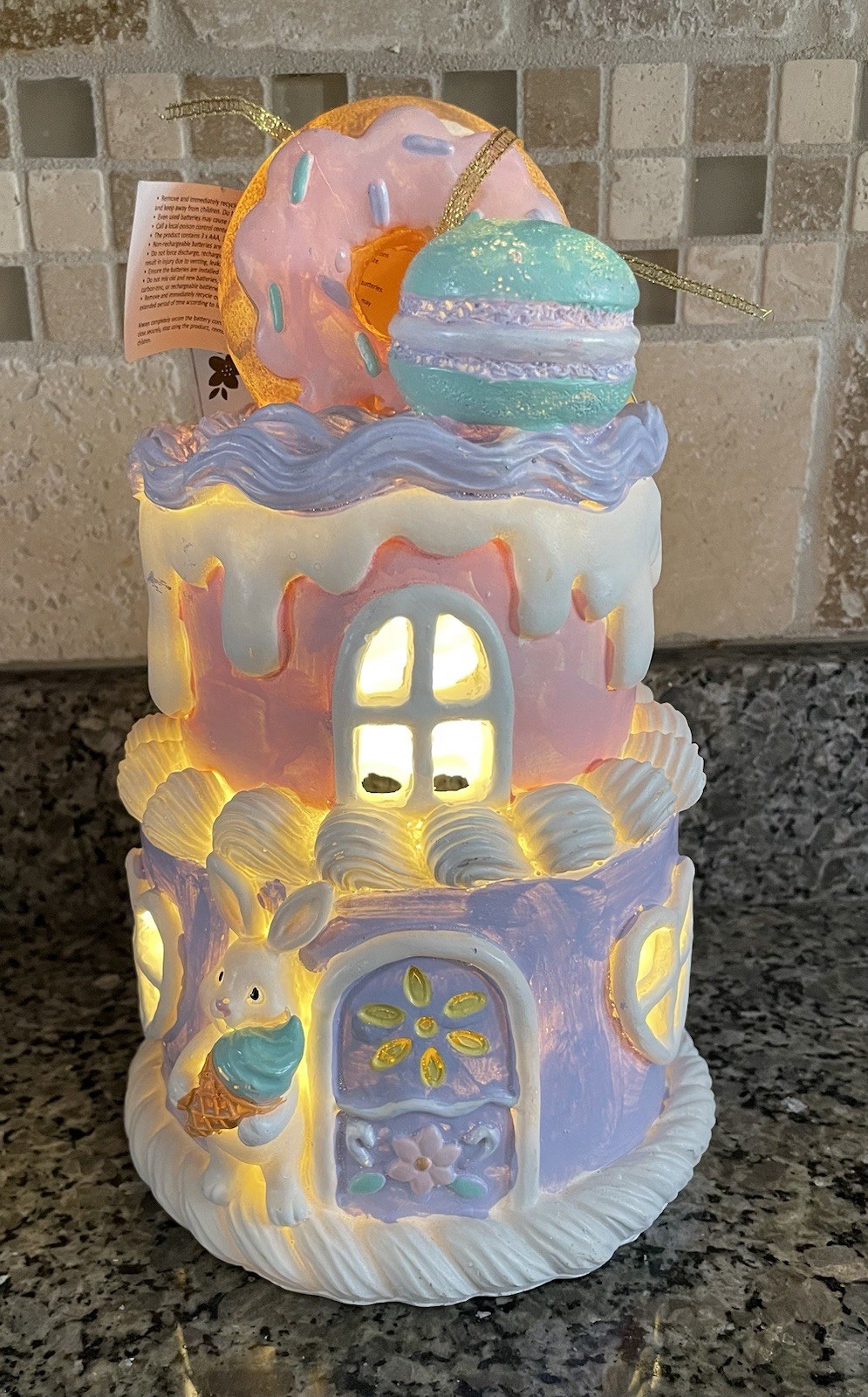 NWT Bella Lux Easter Pastel Frosted Resin Treats Donut & Macaroon Faux LED Cake