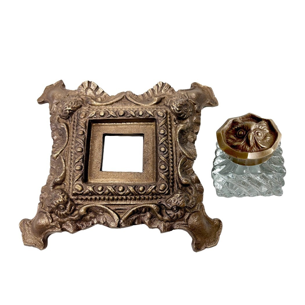 6" Antiqued Brass Owl Inkwell Stand with Glass Inkwell, Antique Reproduction