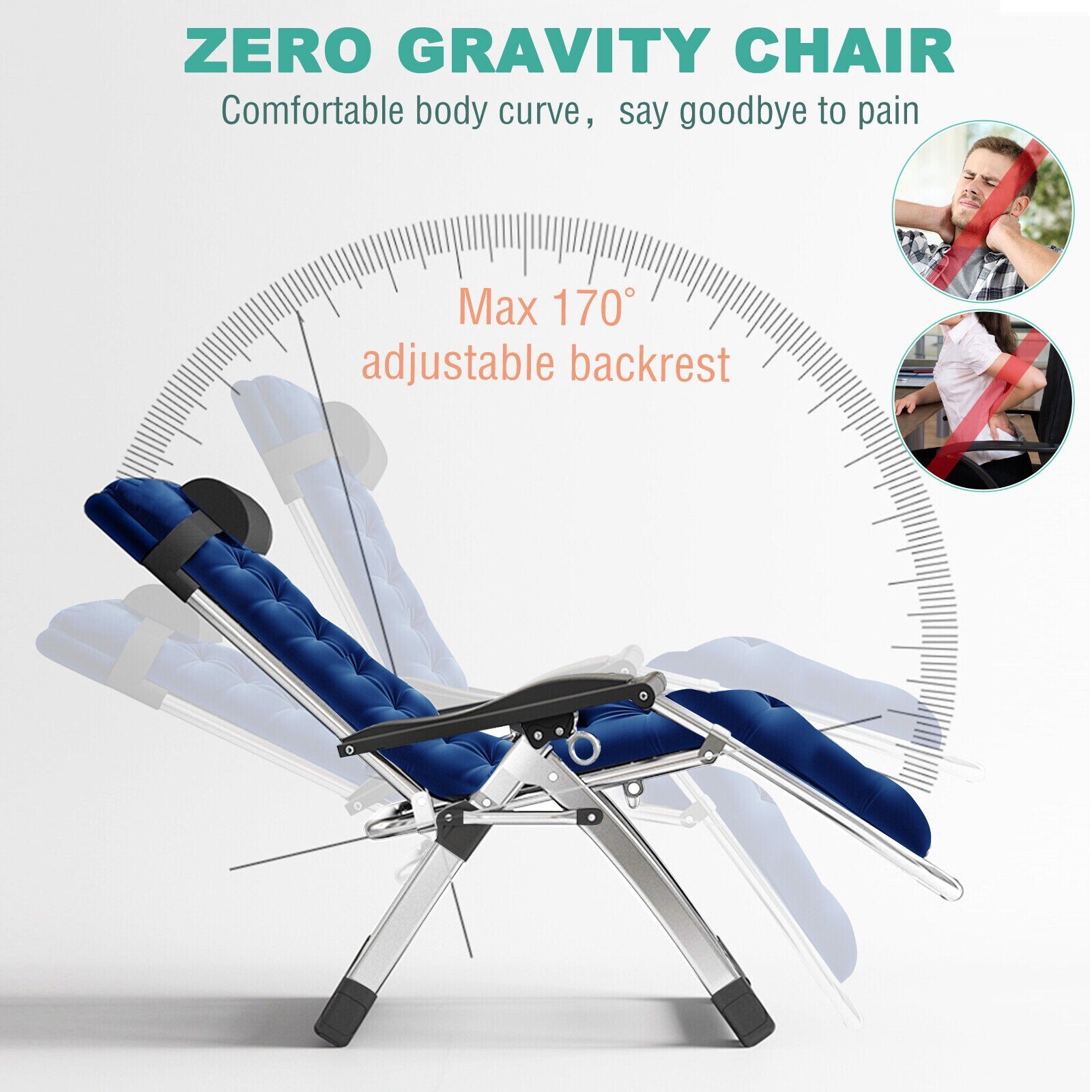 SLSY Zero Gravity Chair Lawn Recliner Reclining Patio Lounger Chair Blue Cushion