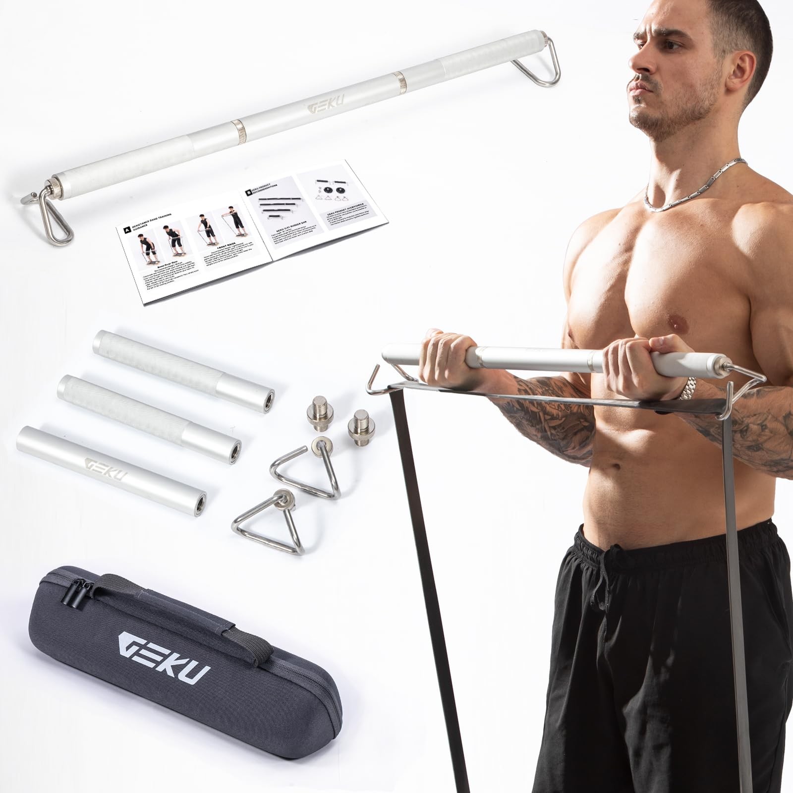 Aluminum Resistance Band Bar, 3-Section Detachable Heavy Duty Workout Bar for...