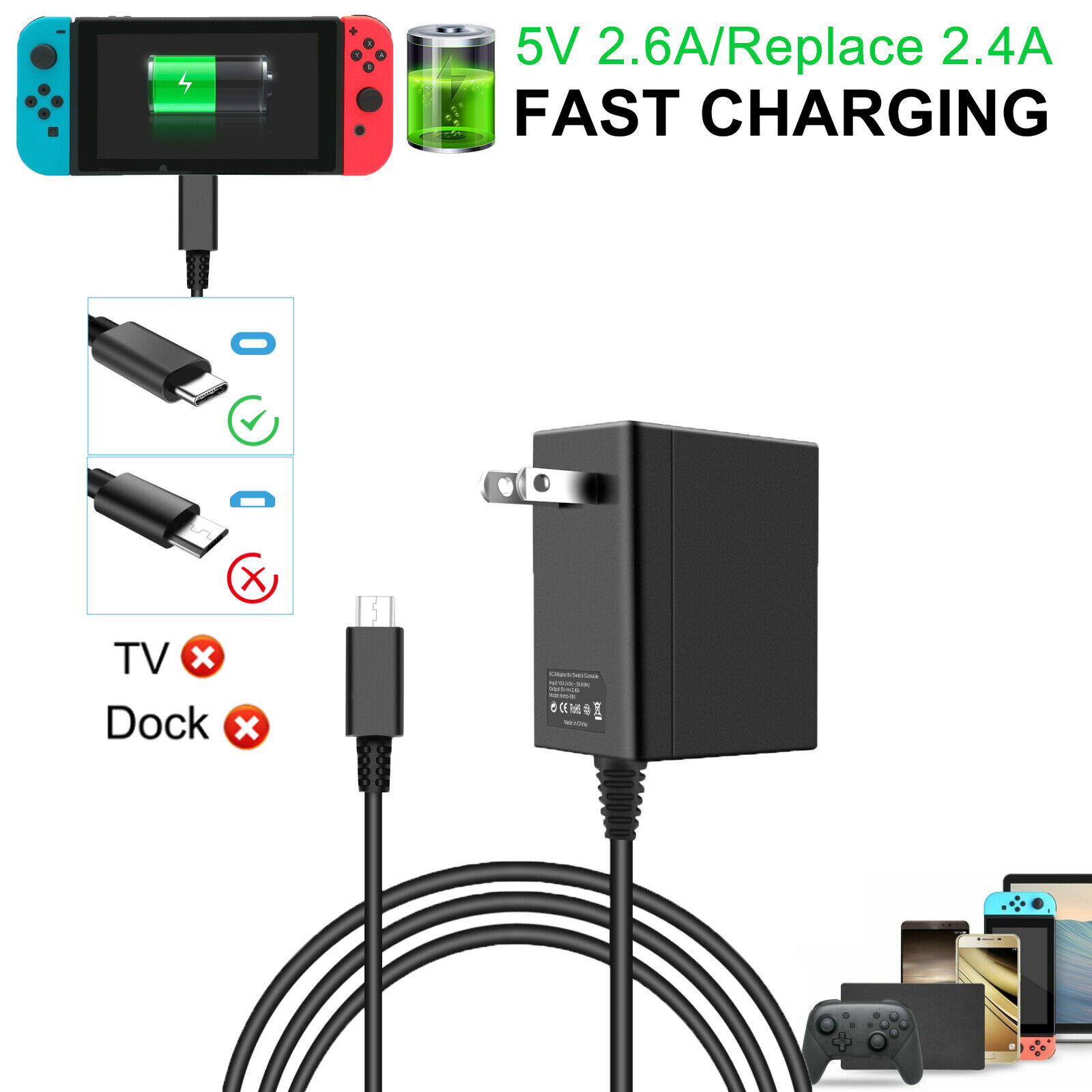 AC Adapter Power Supply for Nintendo Switch Wall & Travel Charger Plug Cord Lite