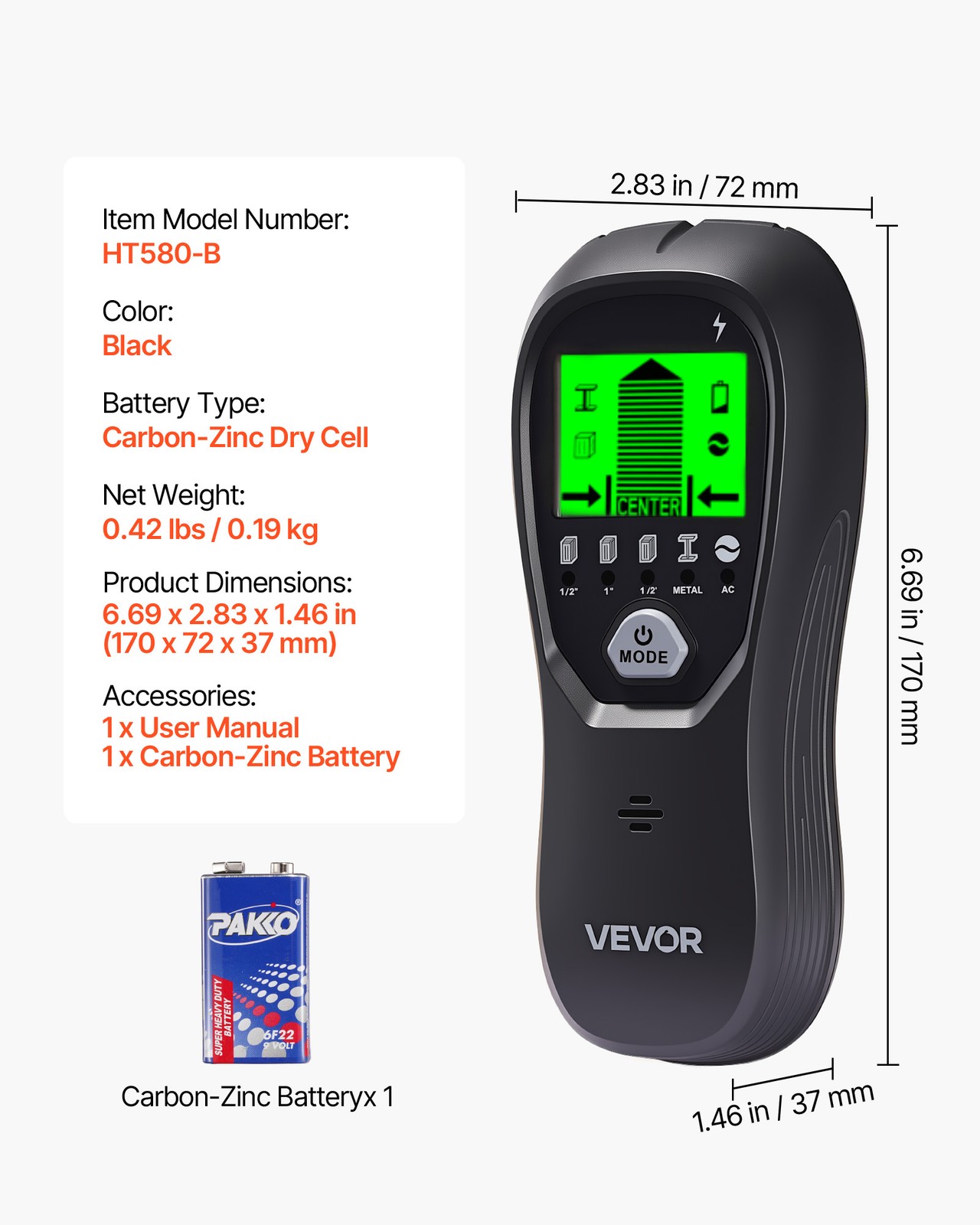 VEVOR Stud Finder Wall Scanner 5 in 1 Electronic Wall Stud Detector LCD Black