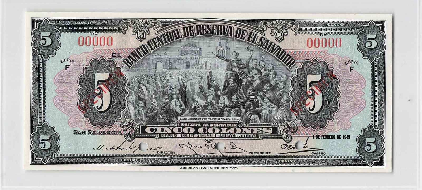 El Salvador 1949, 5 Colones P-84v3, Specimen Banknote.