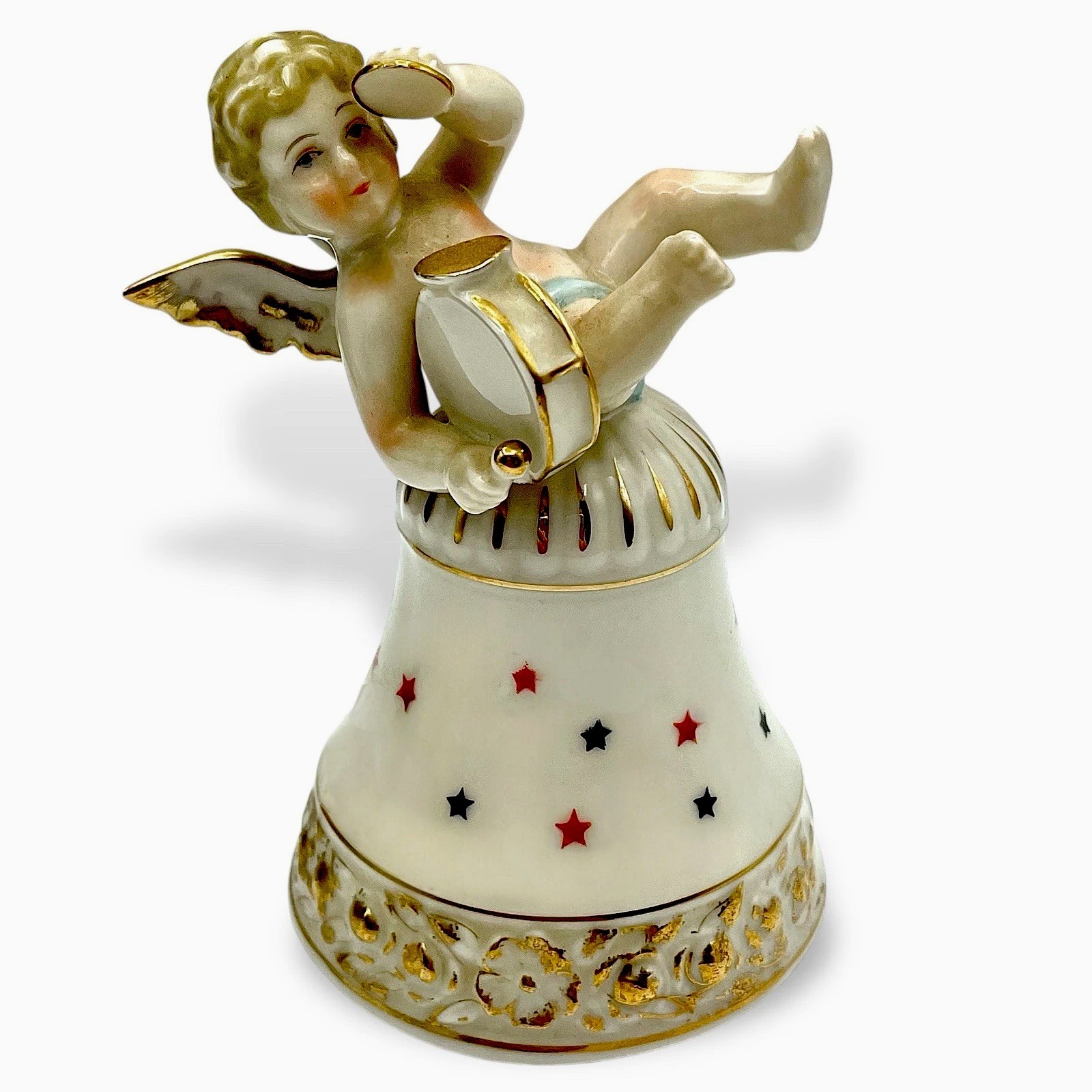 Vtg MCM Ardalt Musician CHERUB ANGEL BELL Porcelain Cybal Drum Stars EUC Japan