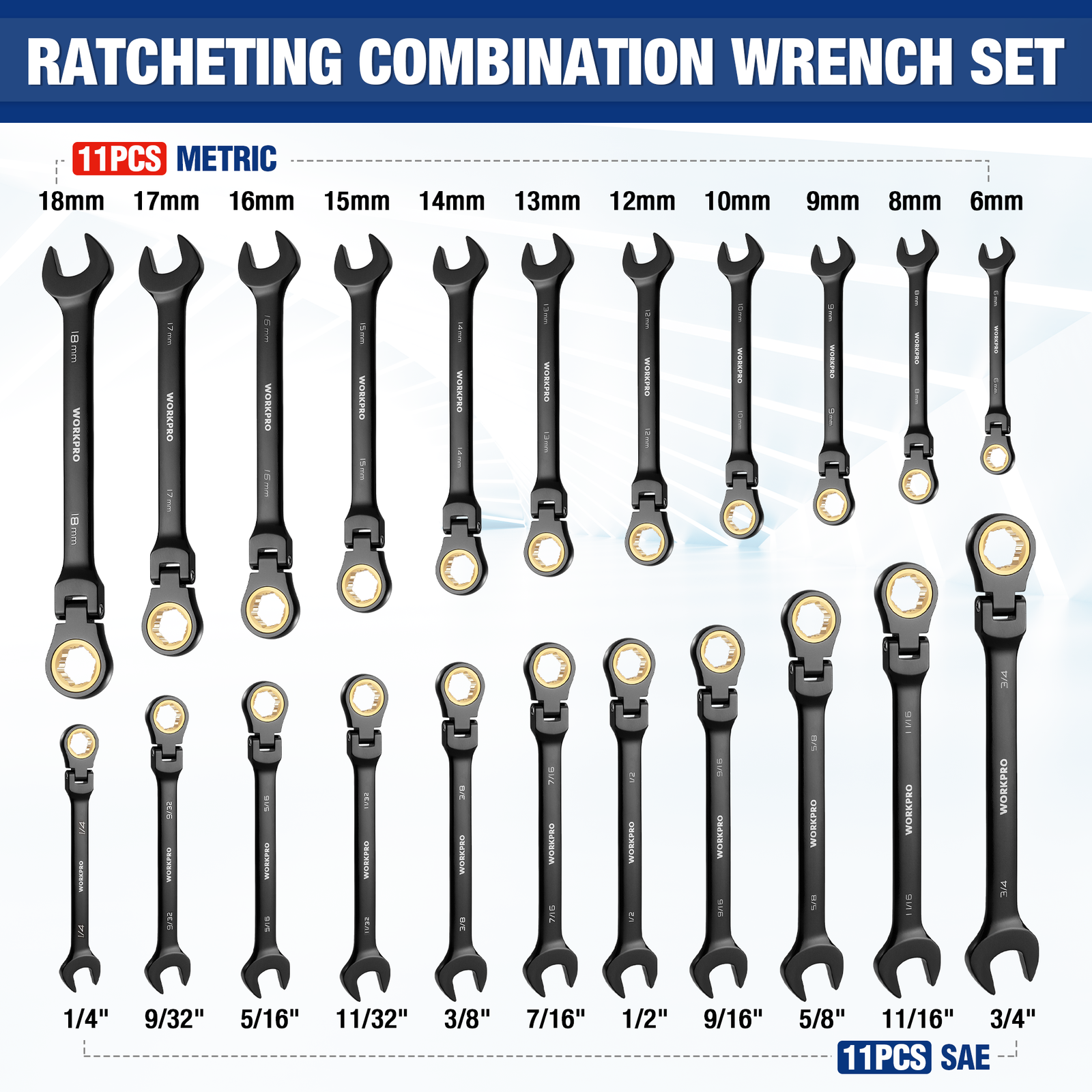 22-piece Ratcheting Wrench Set w/180° Flex Head, Anti-Slip Tooth w/Organizer Box