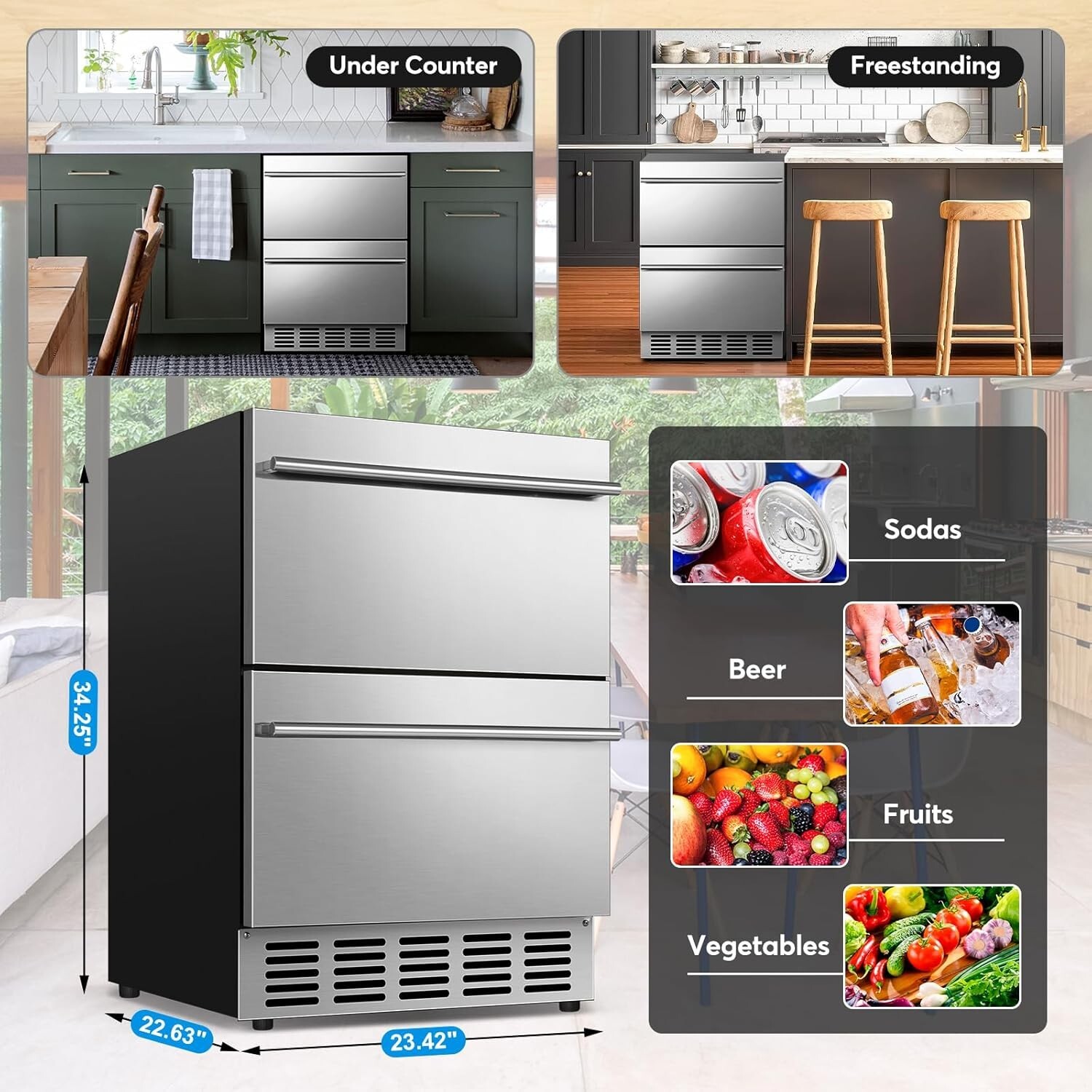 Under Counter Beverage Refrigerator 24in Outdoor Drawer Fridge Stainless Steel