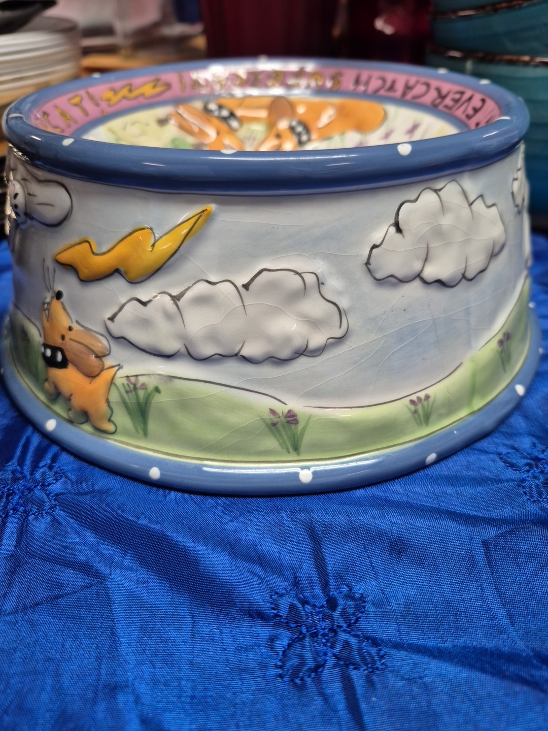 Blue Sky Cat Bowl “Super Cat” 6.5” Ceramic Hand Painted Dogz Can't Ever Catch SC