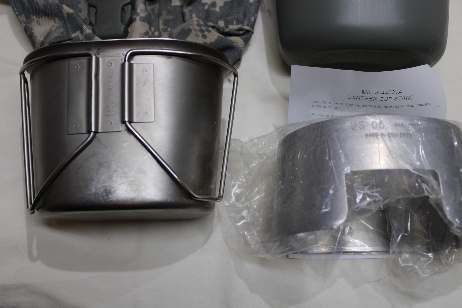 US Military Issue 1QT Canteen MOLLE ACU Pouch Stainless Cup and Cooking Stove