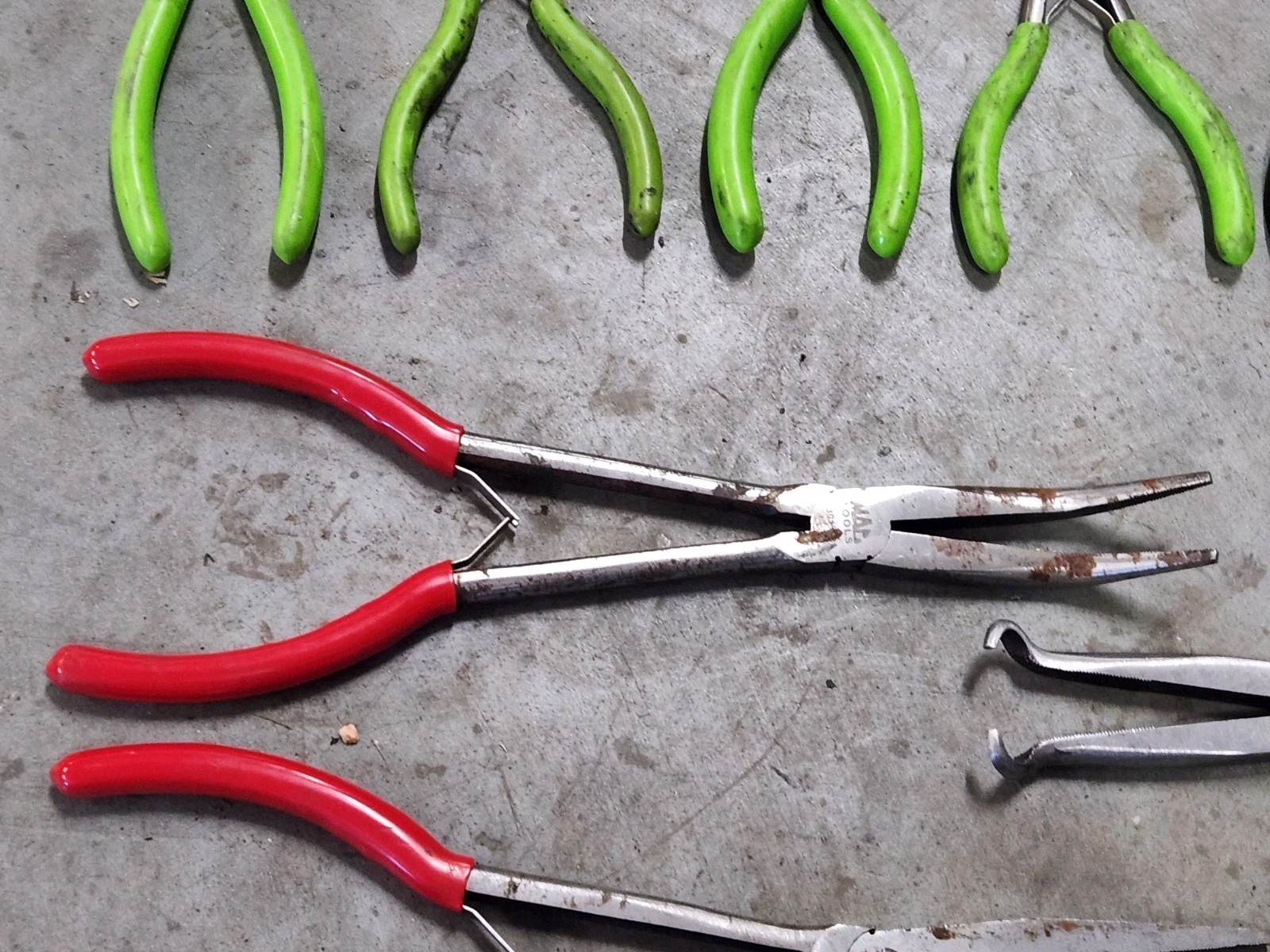 Lot 9 MATCO Mac PLIERS Cutters Needle HOSE CLAMP LONG REACH Green Red USED