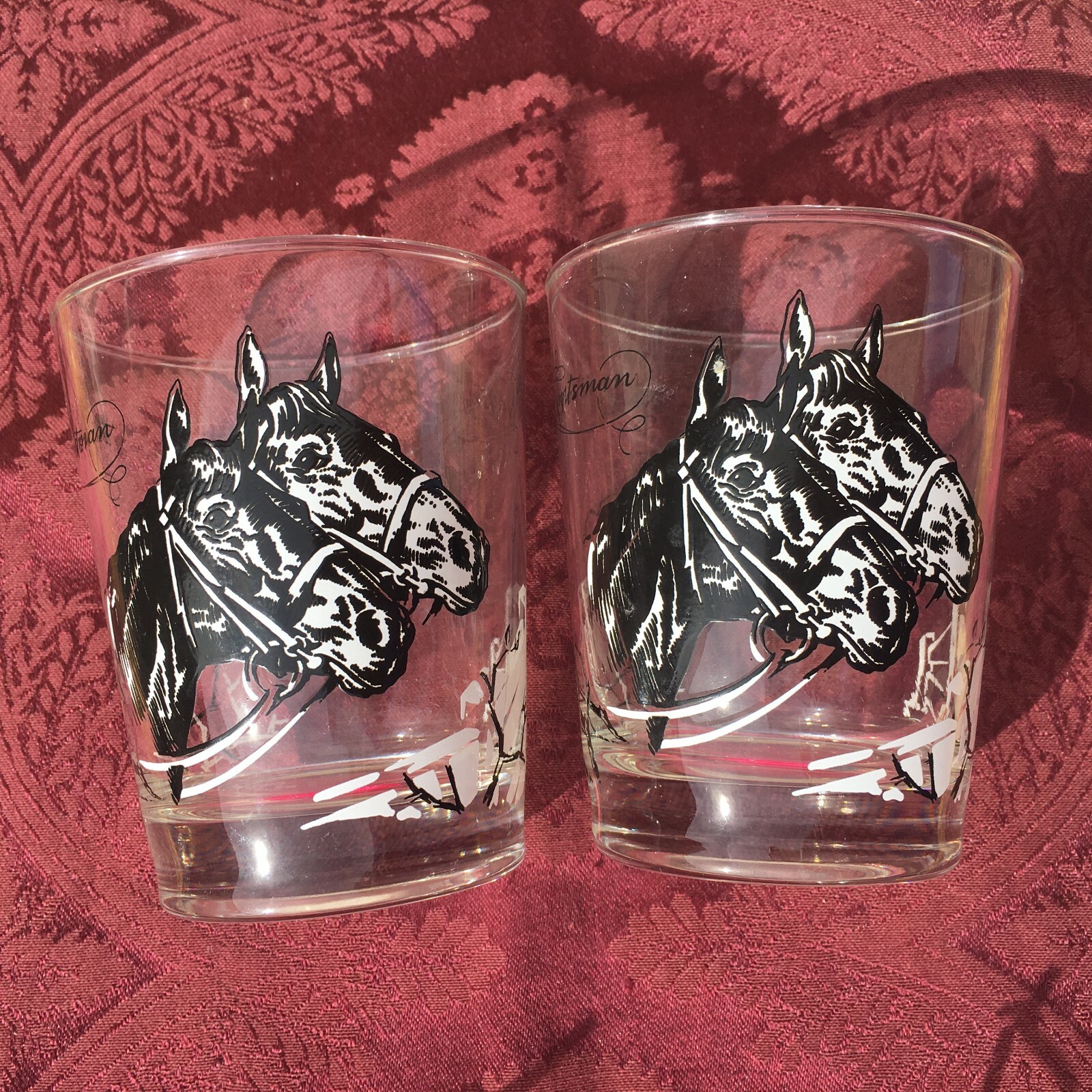 VTG Mid Century MCM Equestrian Highball Drinking Glasses Horse Race Western Pair