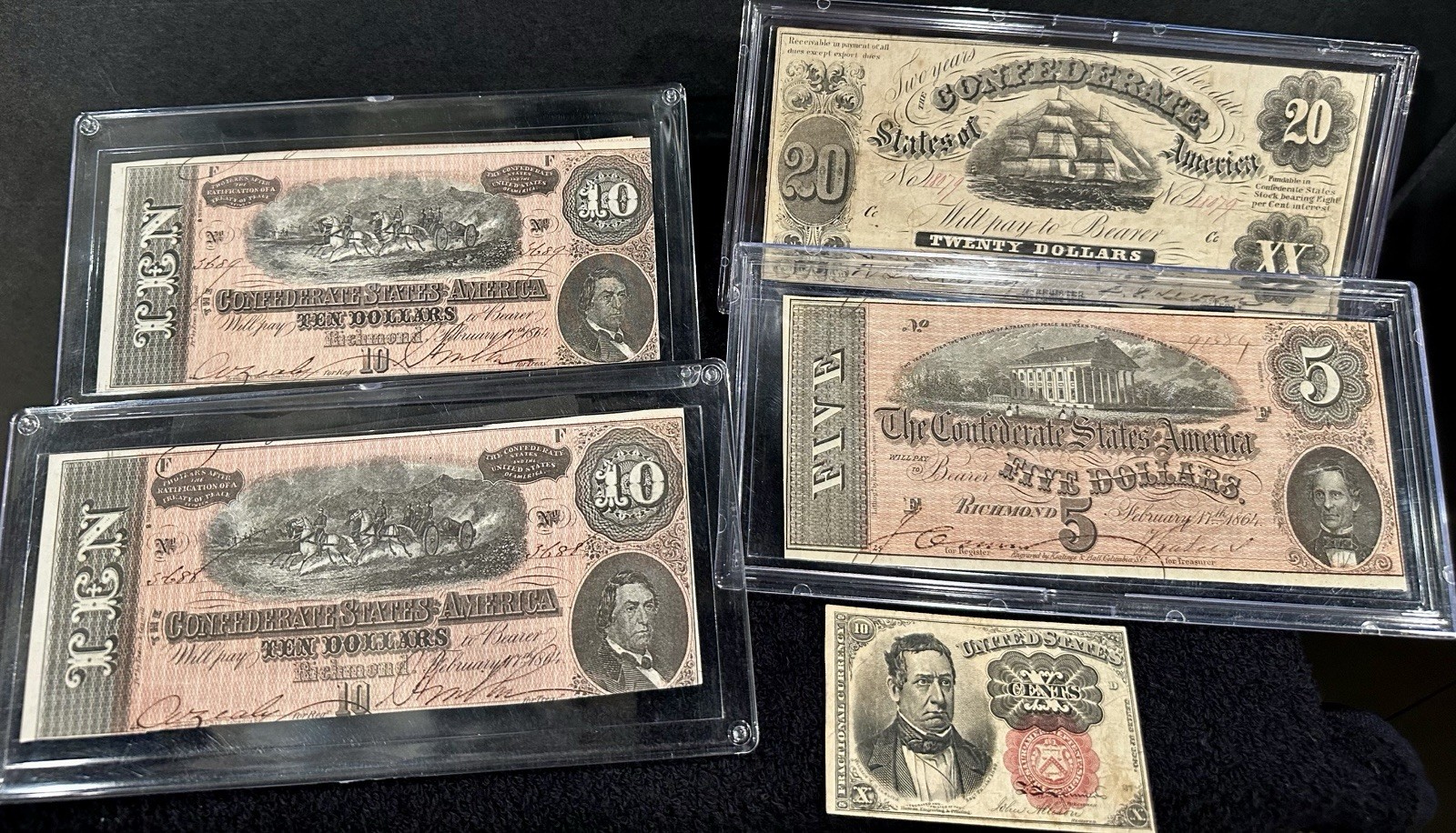 FIVE (5) Piece Confederate Currency Lot- $10 $5 $20 Notes & 10C Fractional Note