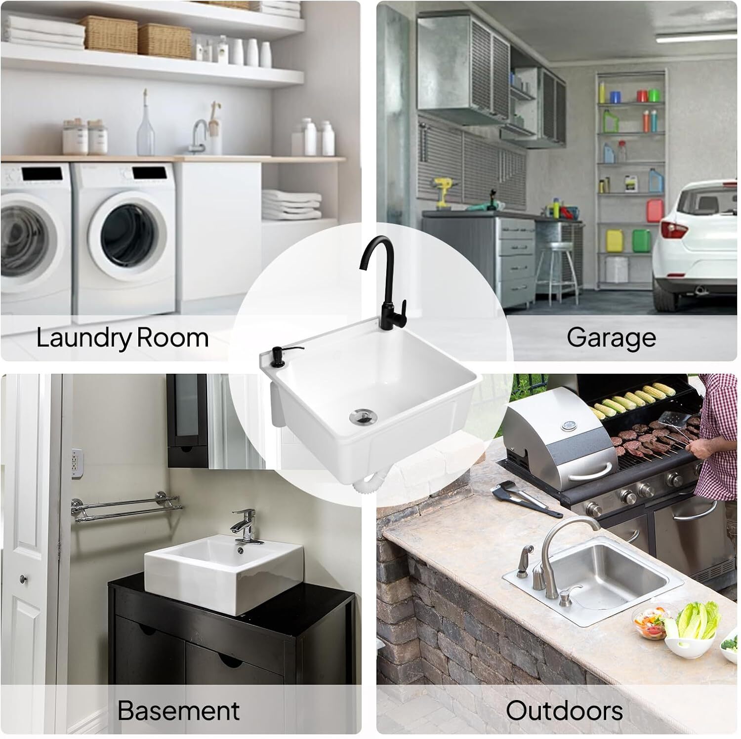 Plastic Wall-Mounted Utility Sink, Wall-Mounted Utility Tub with Hot&Cold Faucet