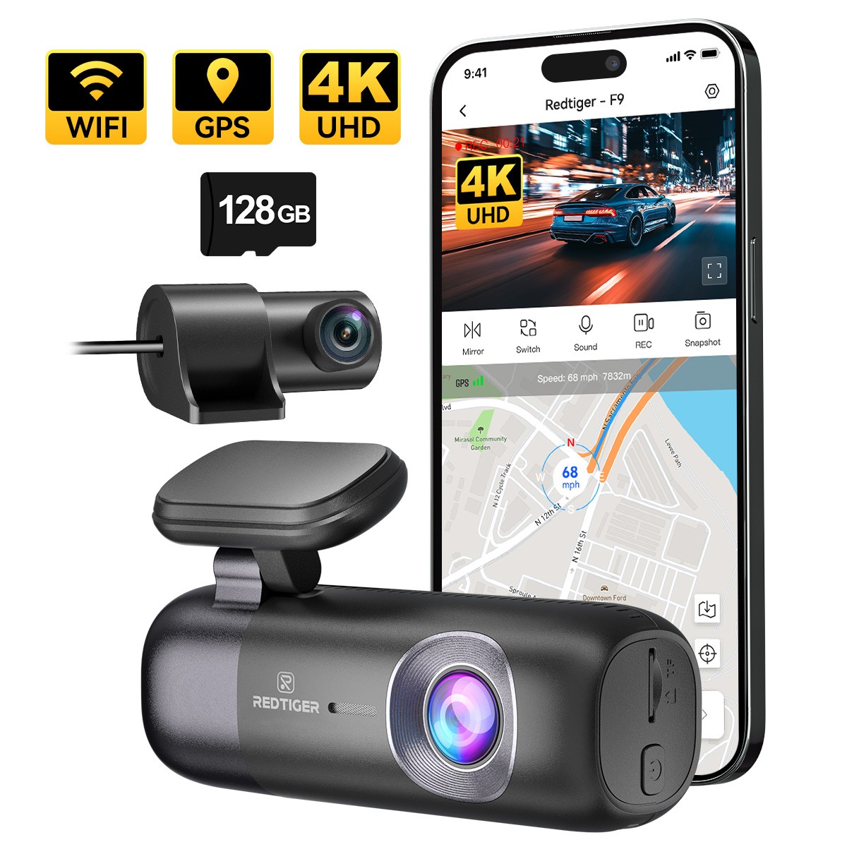 REDTIGER F9 4K Dash Cam Car Camera with 128GB Card Smart App Control WiFi GPS