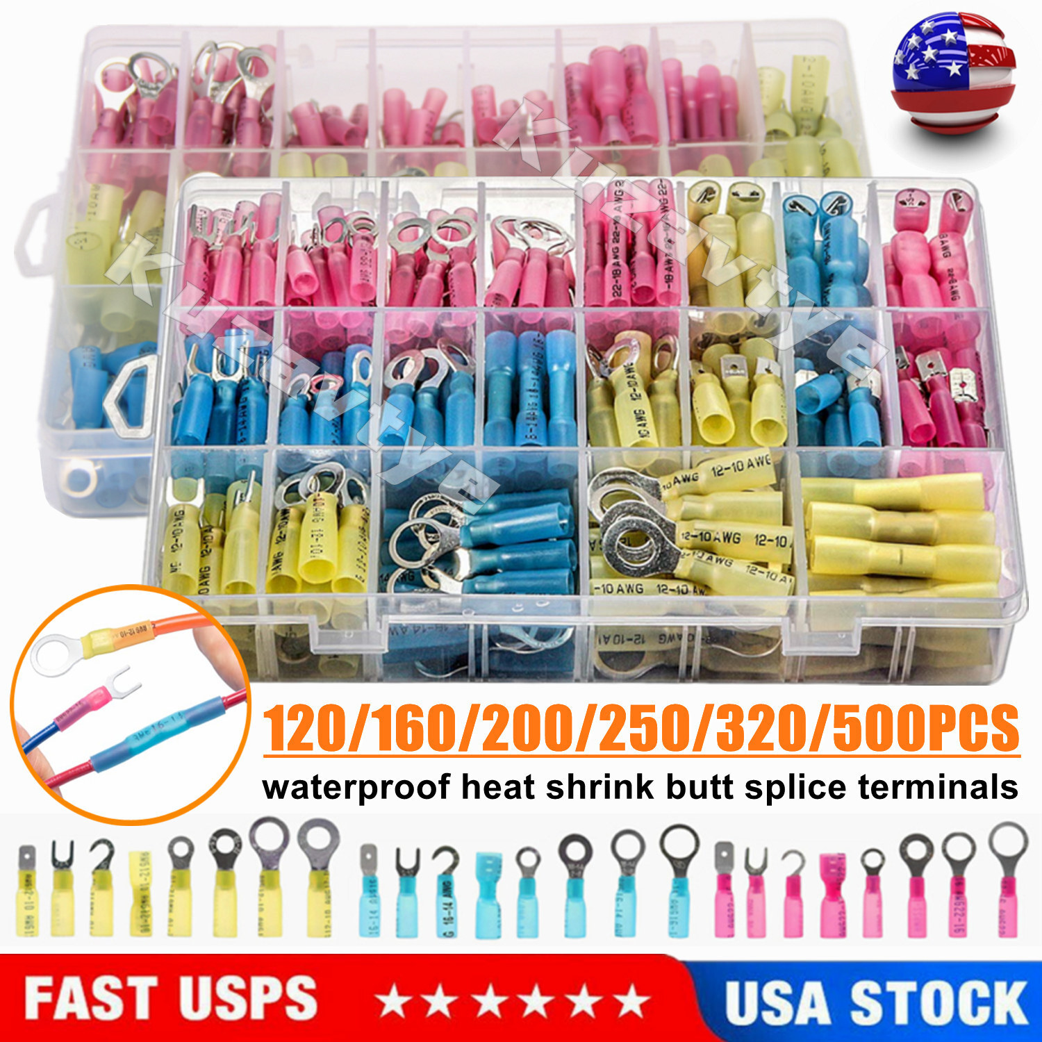 320/500pcs Heat Shrink Butt Wire Connectors Waterproof Crimp Splice Terminal Kit