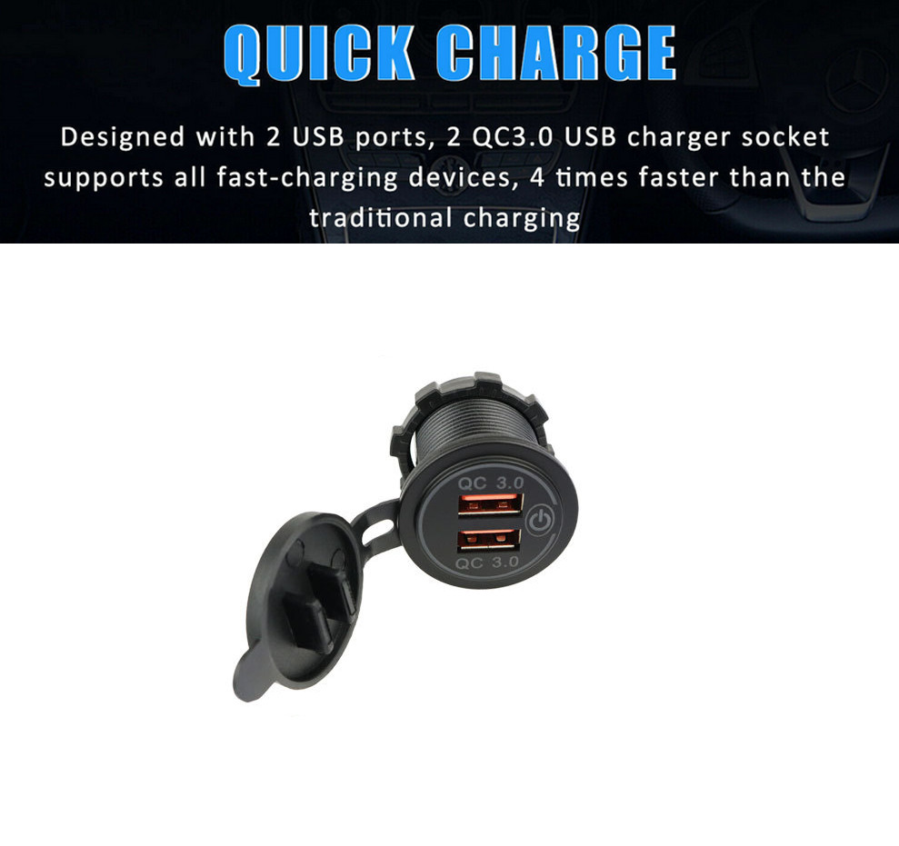 12V Car Cigarette Lighter Socket Dual QC 3.0 USB Port Charger Power Outlet LED
