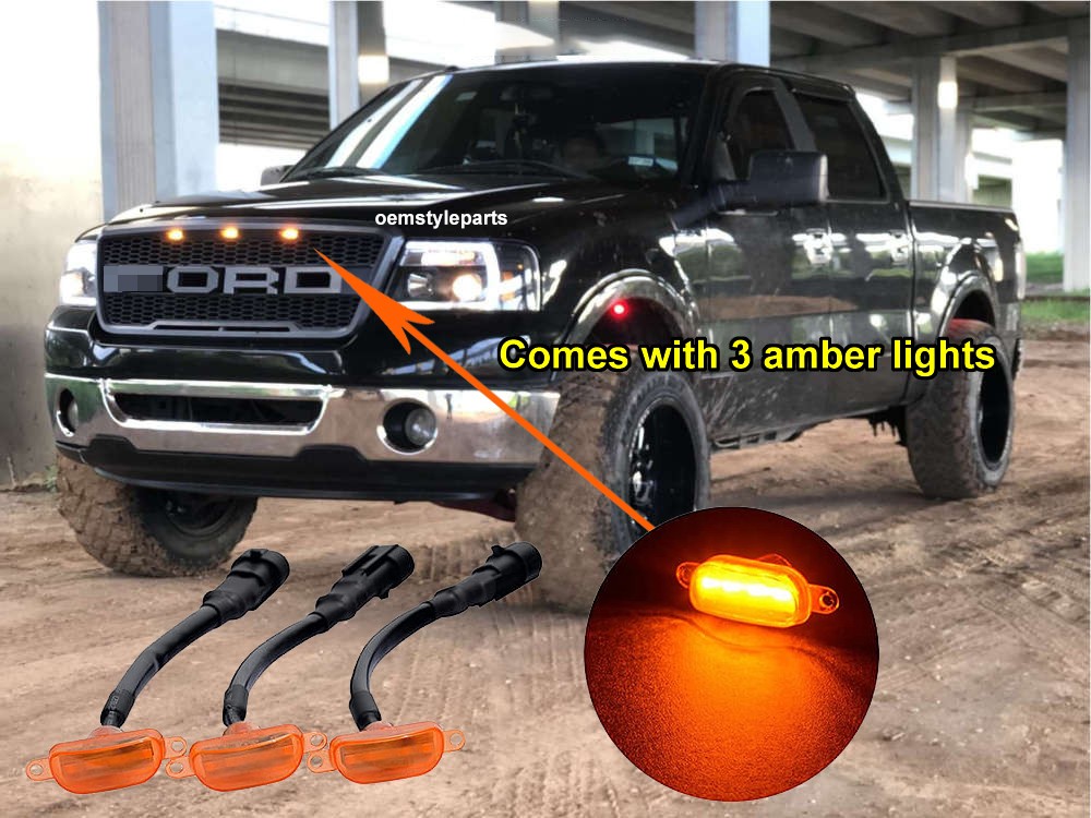 Front Grille For 2004-2008 Ford F150 Raptor Style W/3LEDs W/Letters Matte Black