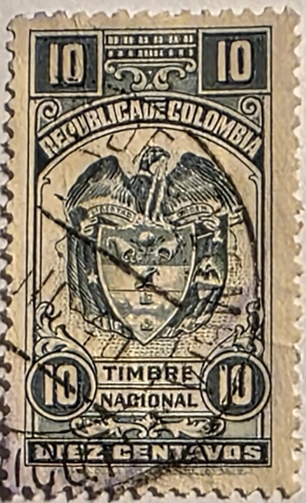 Colombia 1913-1914 Tax Stamp, 10 Centavos Used Stamp, Quick & FREE SHIPPING